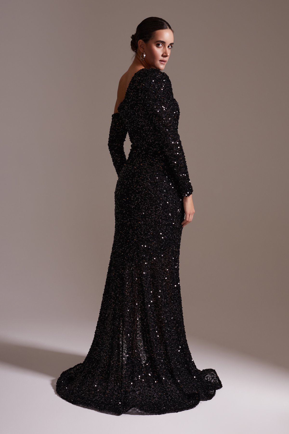 One Shoulder Sequined Slit Long Evening Dress Black