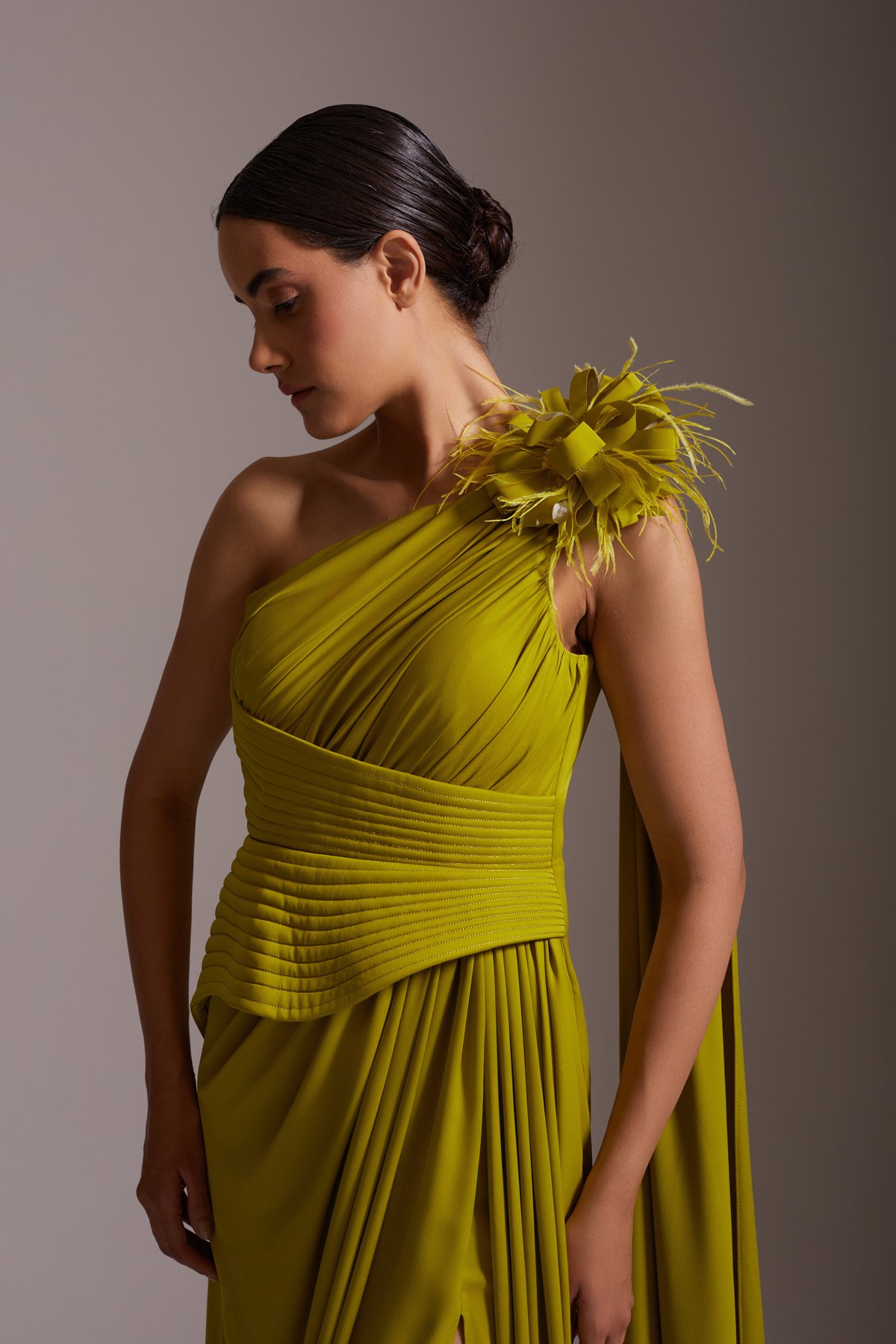 One Shoulder Floral Accessory Draped Slit Satin Evening Dress Olive Green