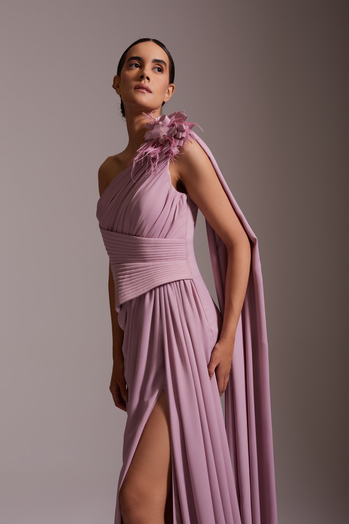 One Shoulder Floral Detailed Slit Chiffon Evening Dress Powder
