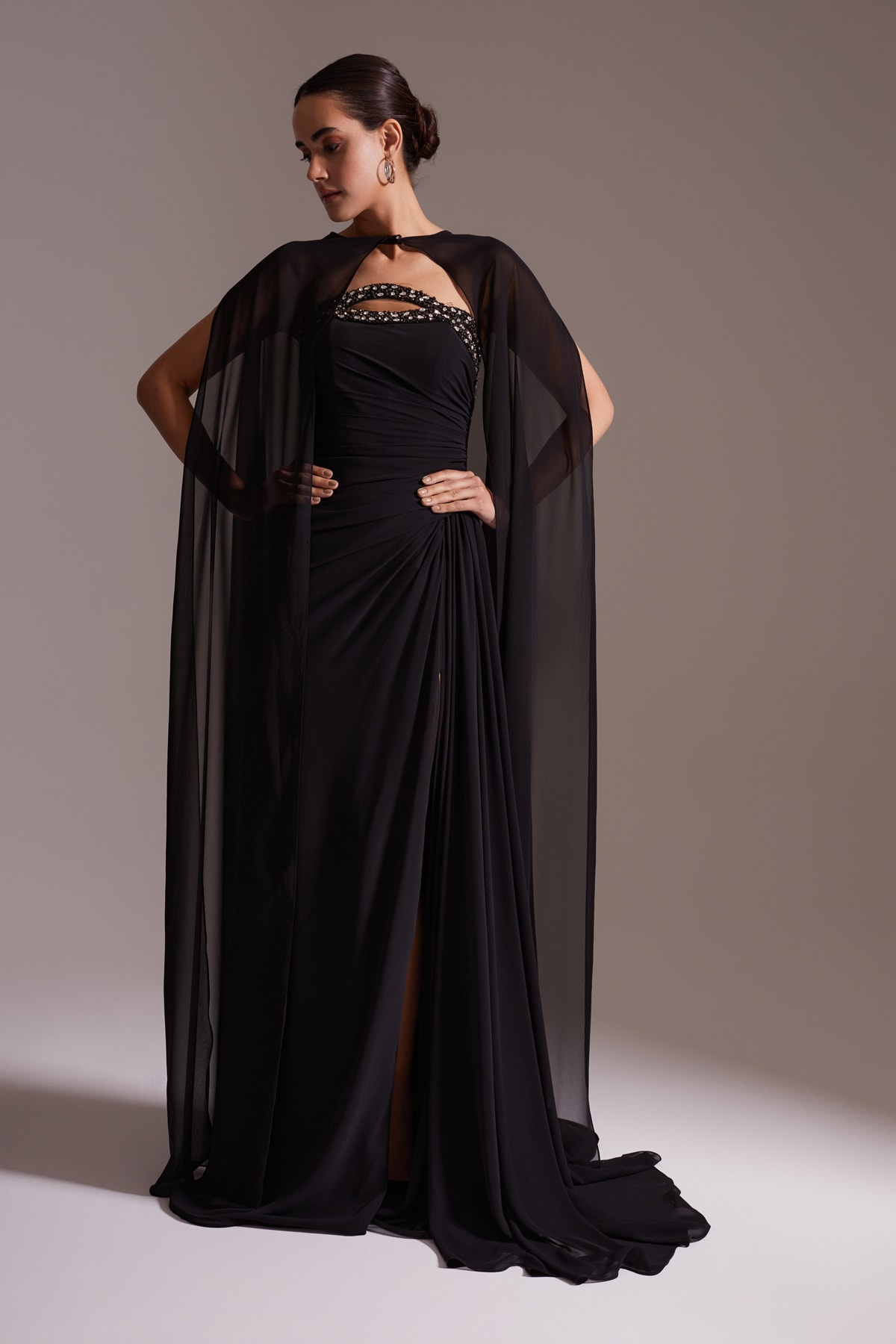 Stone Detailed Chiffon Cape Slit Long Evening Dress Black