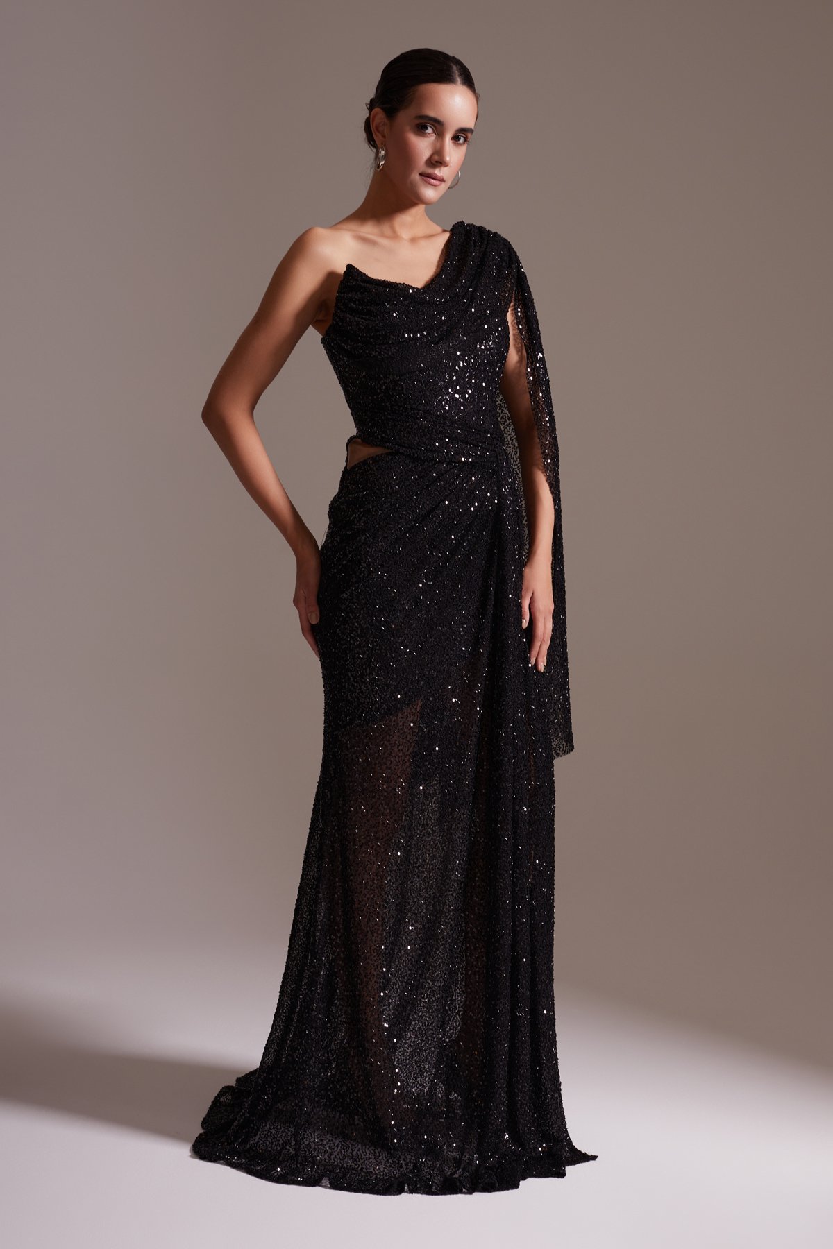 One Shoulder Slit Sequined Evening Dress Black