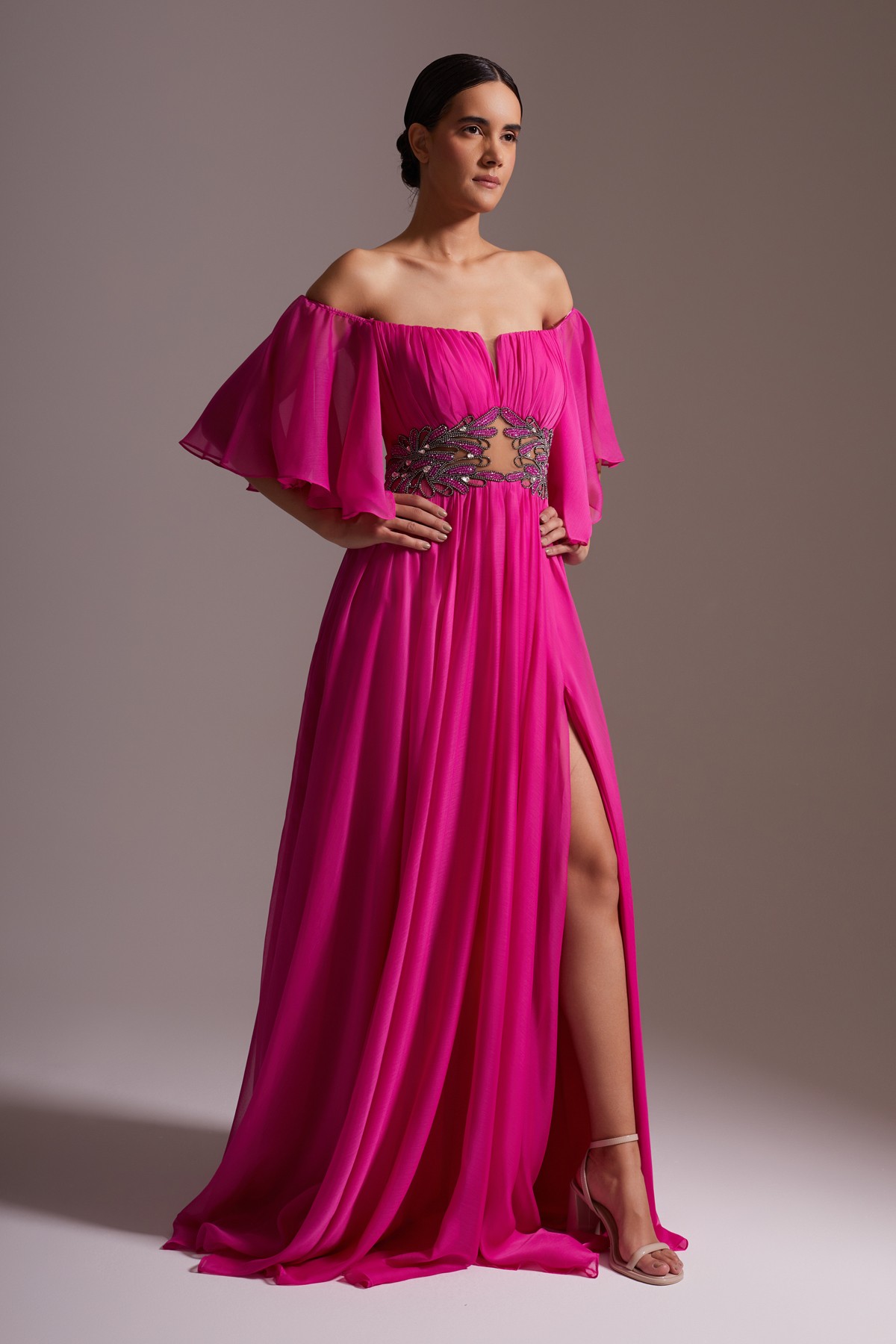 Off-the-Shoulder, Stone Embroidered, Slit and Belt Detailed Chiffon Evening Dress Fuchsia