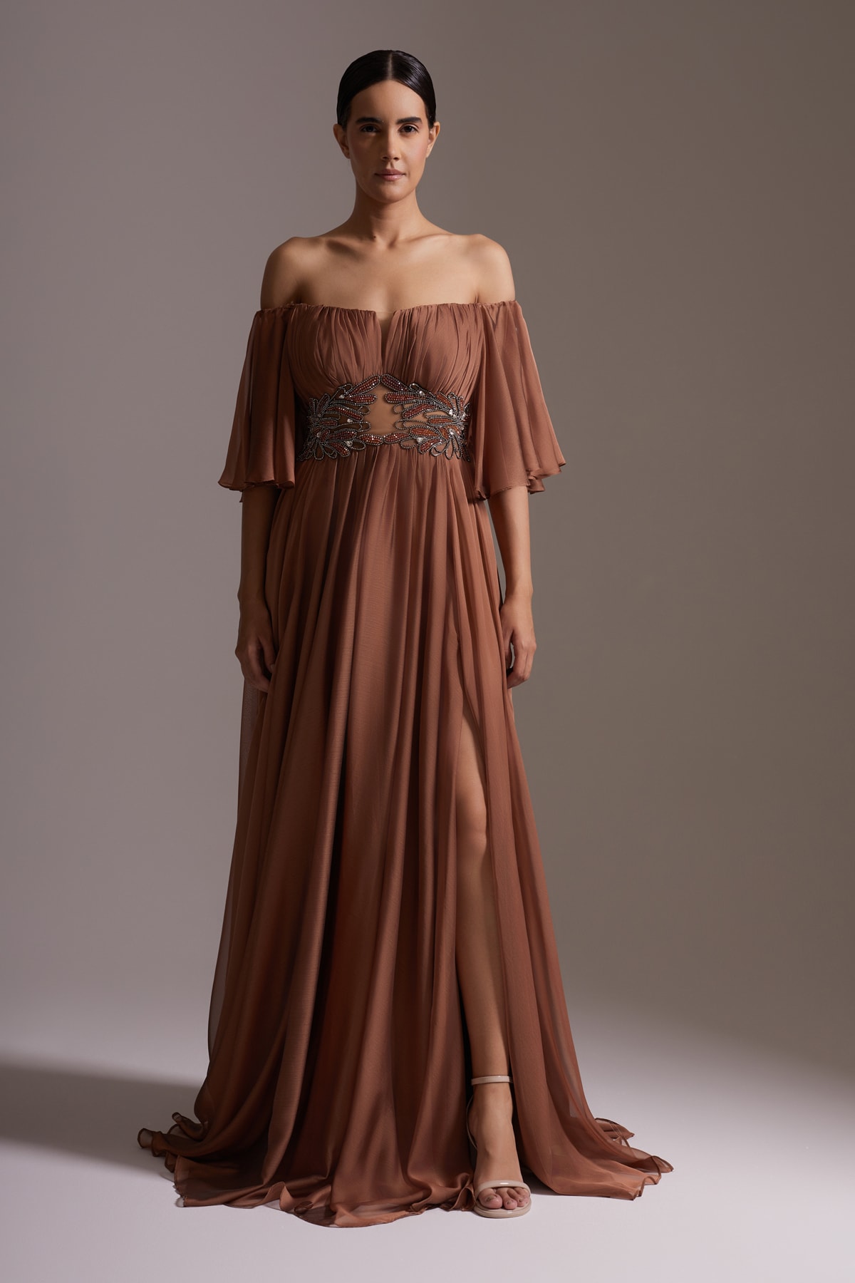Stone Embroidered Waist Detailed Slit Chiffon Evening Dress Brown