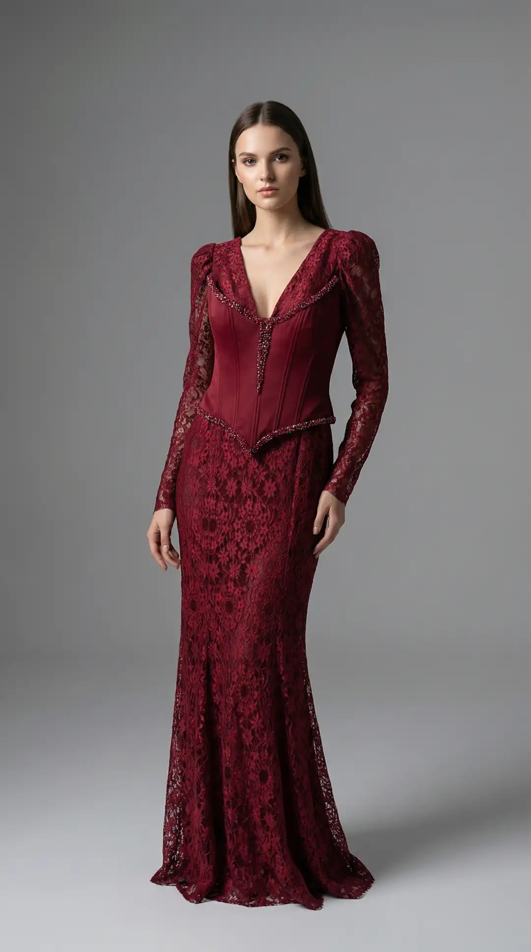maroon long dress with lace A-line Burgundy Chiffon Long Sleeves Lace Bridesmaid Dresses APD1984