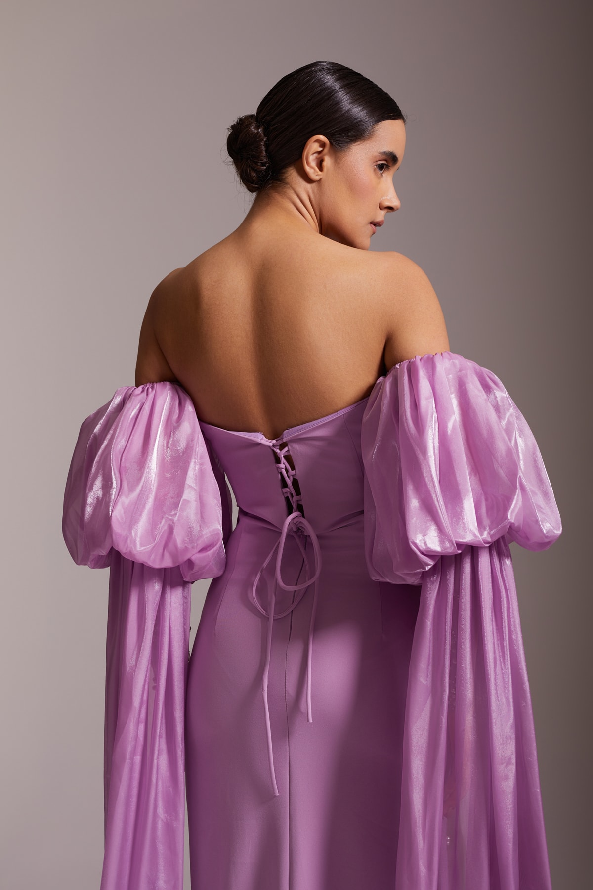 Stone Embroidered Strapless Slit Evening Dress Lilac