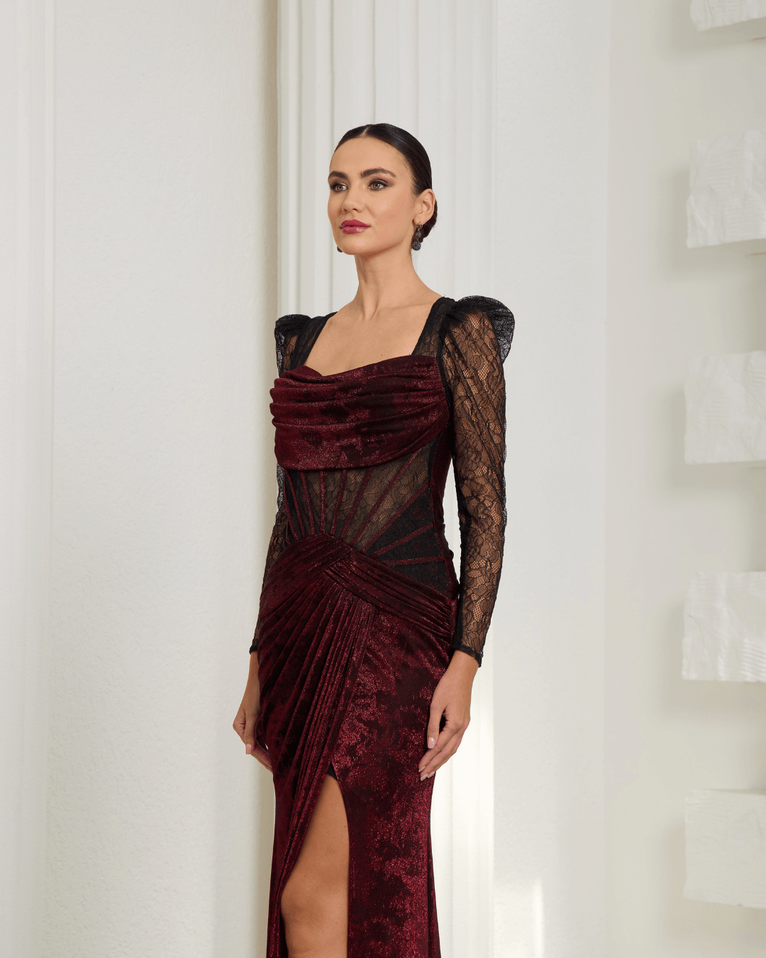 Burgundy Velvet & Lace Long Sleeve Gown