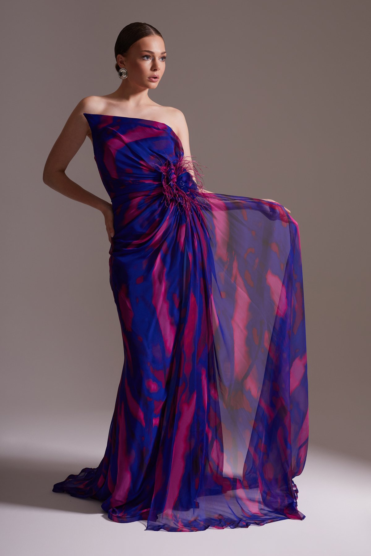 Patterned One-Shoulder Chiffon Evening Dress Purple - Fuchsia