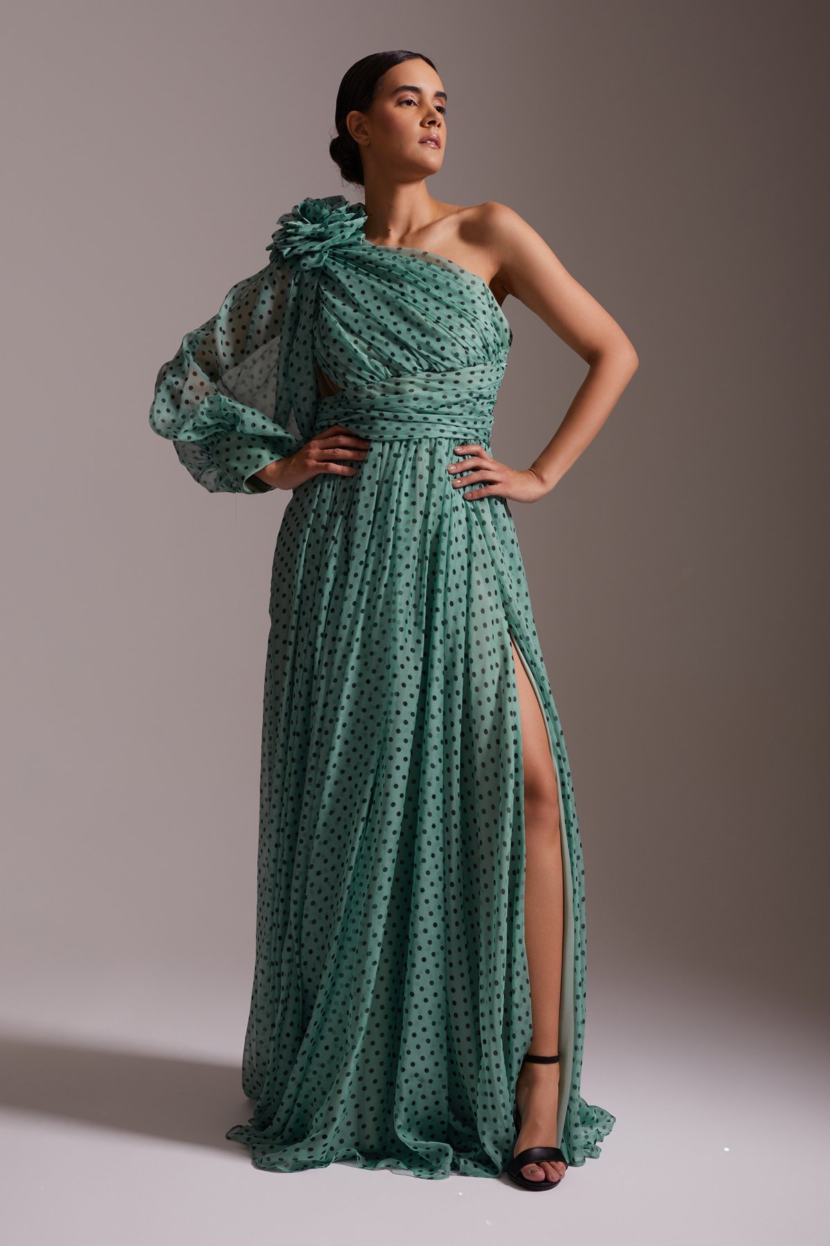 One Shoulder Flounce Detailed Slit Chiffon Polka Dot Evening Dress Green