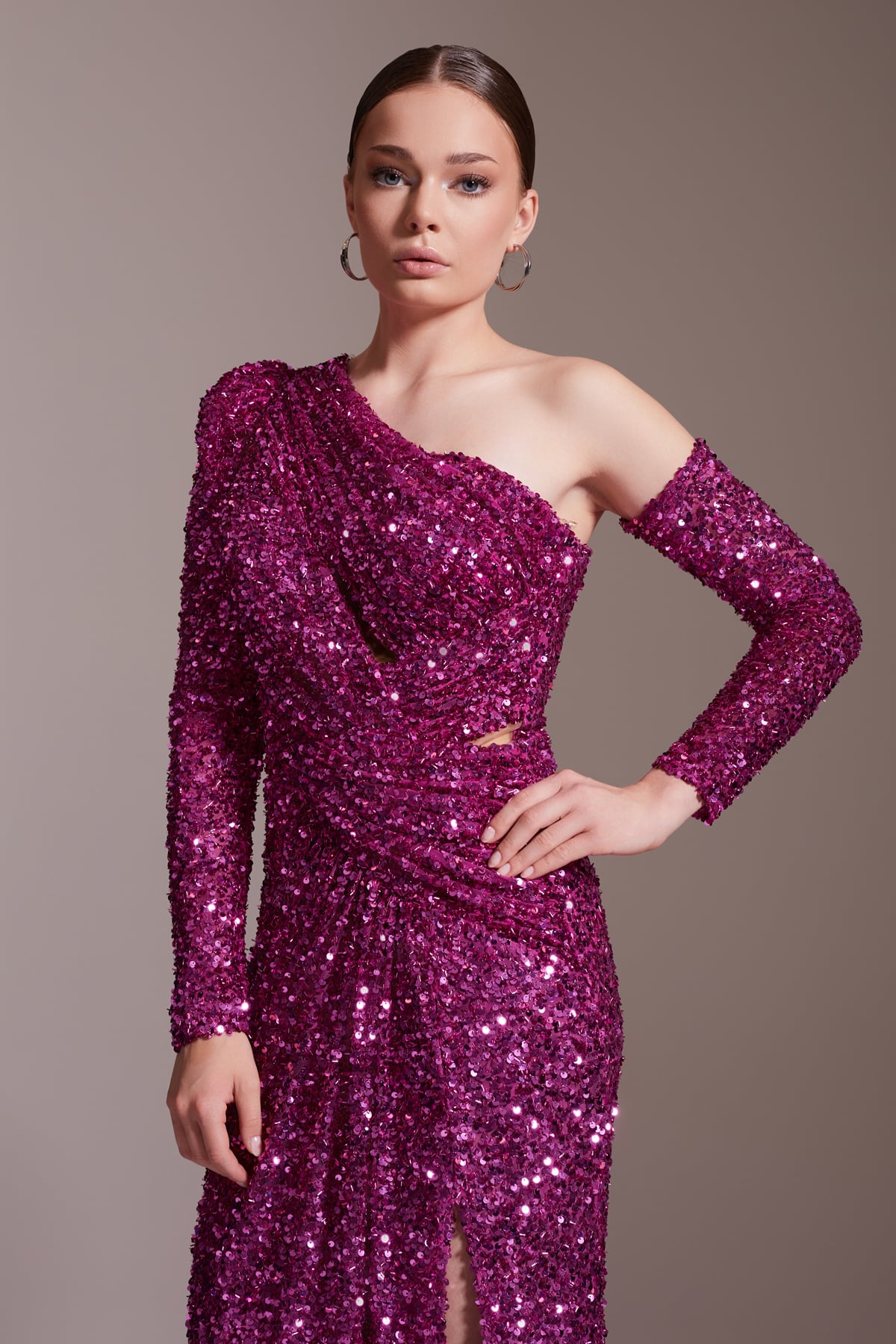 Sequined One Shoulder Long Evening Dress with Slit Detail Fuchsia Evening Dress