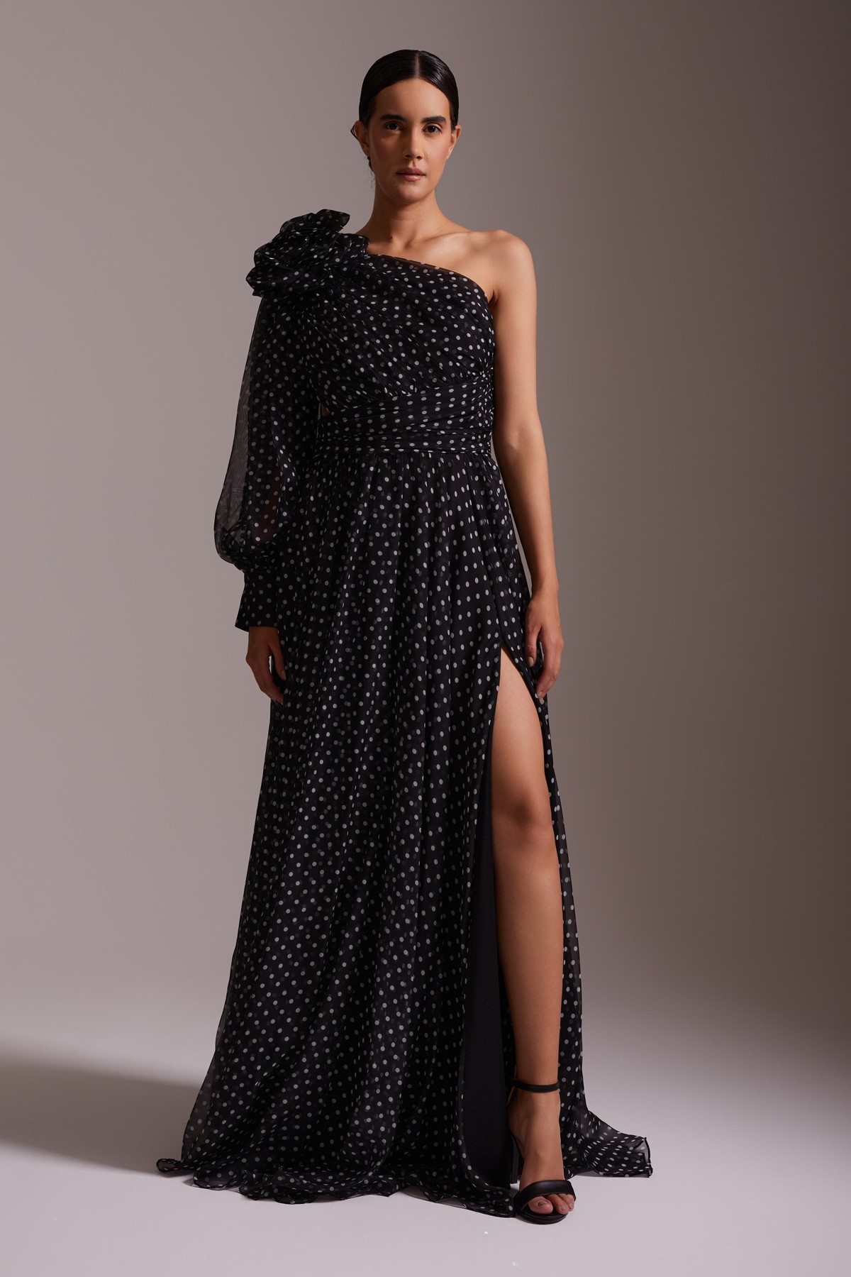 Polka Dot One Shoulder Slit Detailed Chiffon Long Evening Dress Black and White