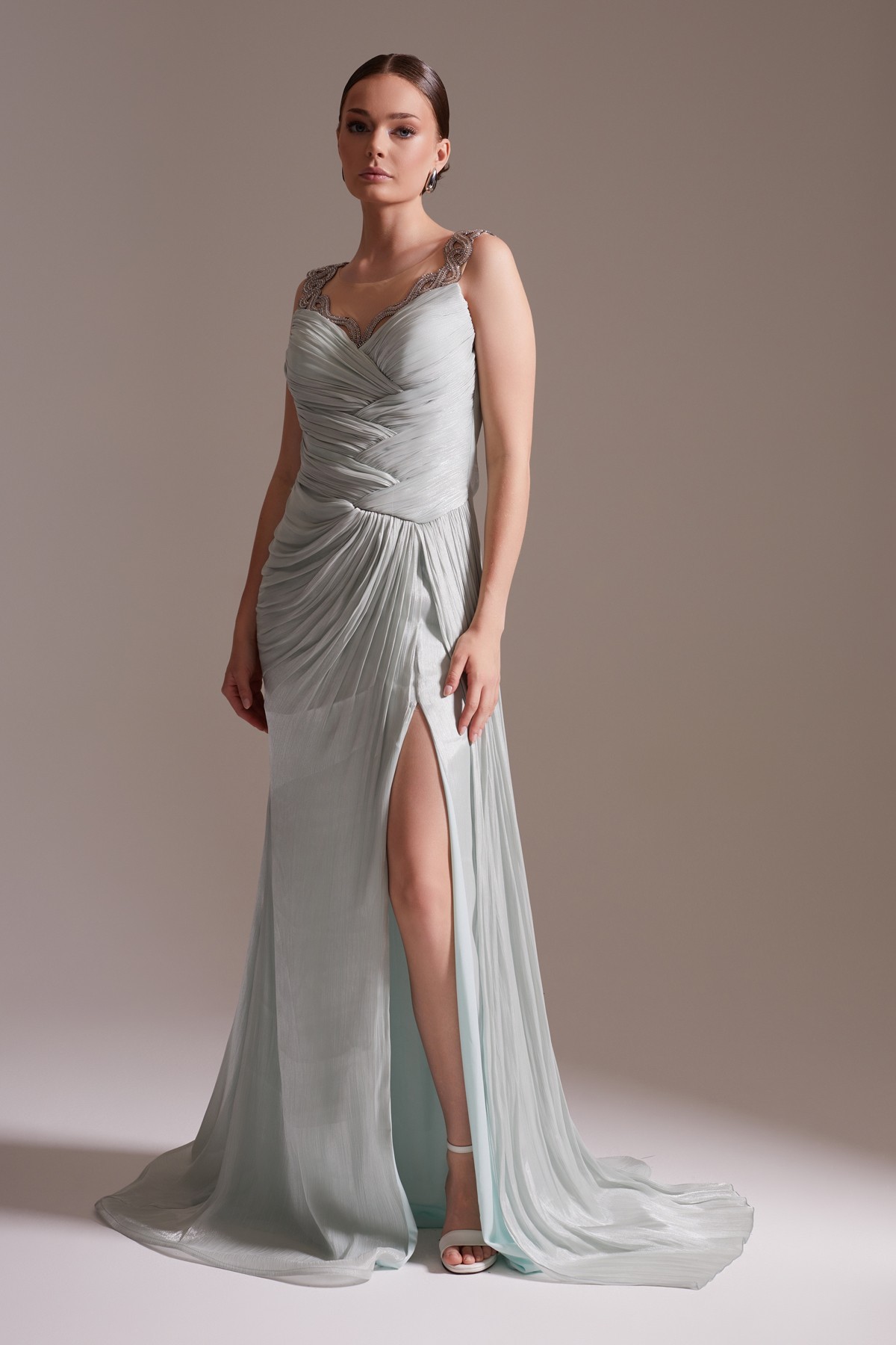 Sparkly Stone Embroidered Straped Slit Evening Dress in Aqua Green