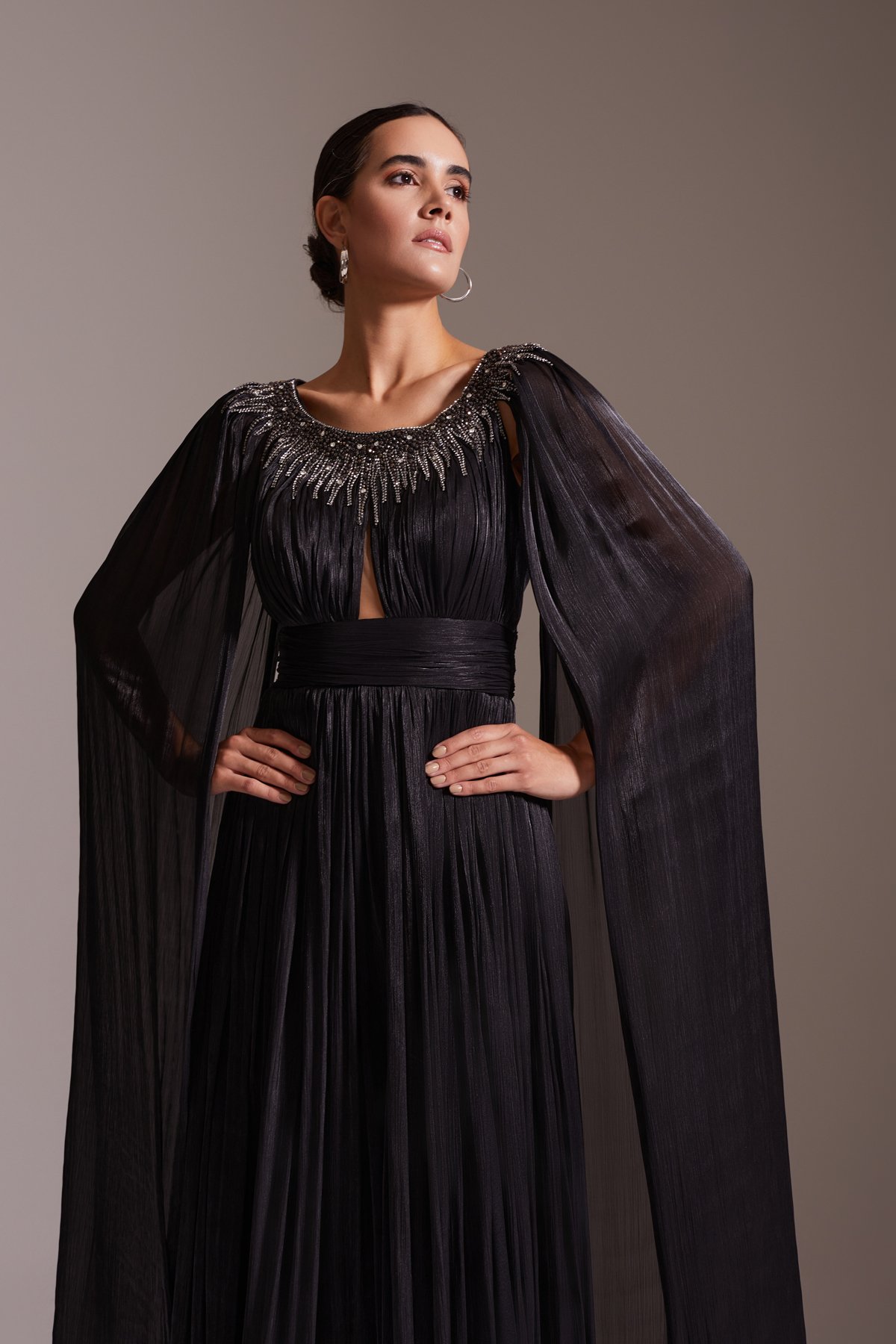 Stone Embroidered Cape Sleeve Slit Long Evening Dress Black