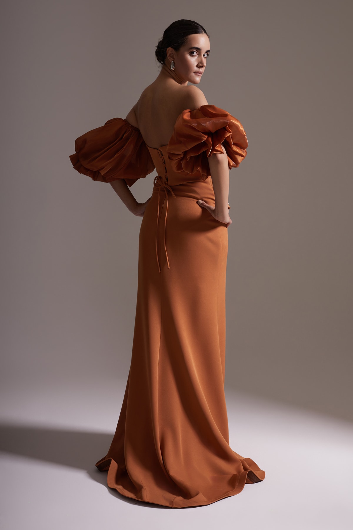 One Shoulder Pearled Satin Balloon Sleeve Slit Evening Dress Tile