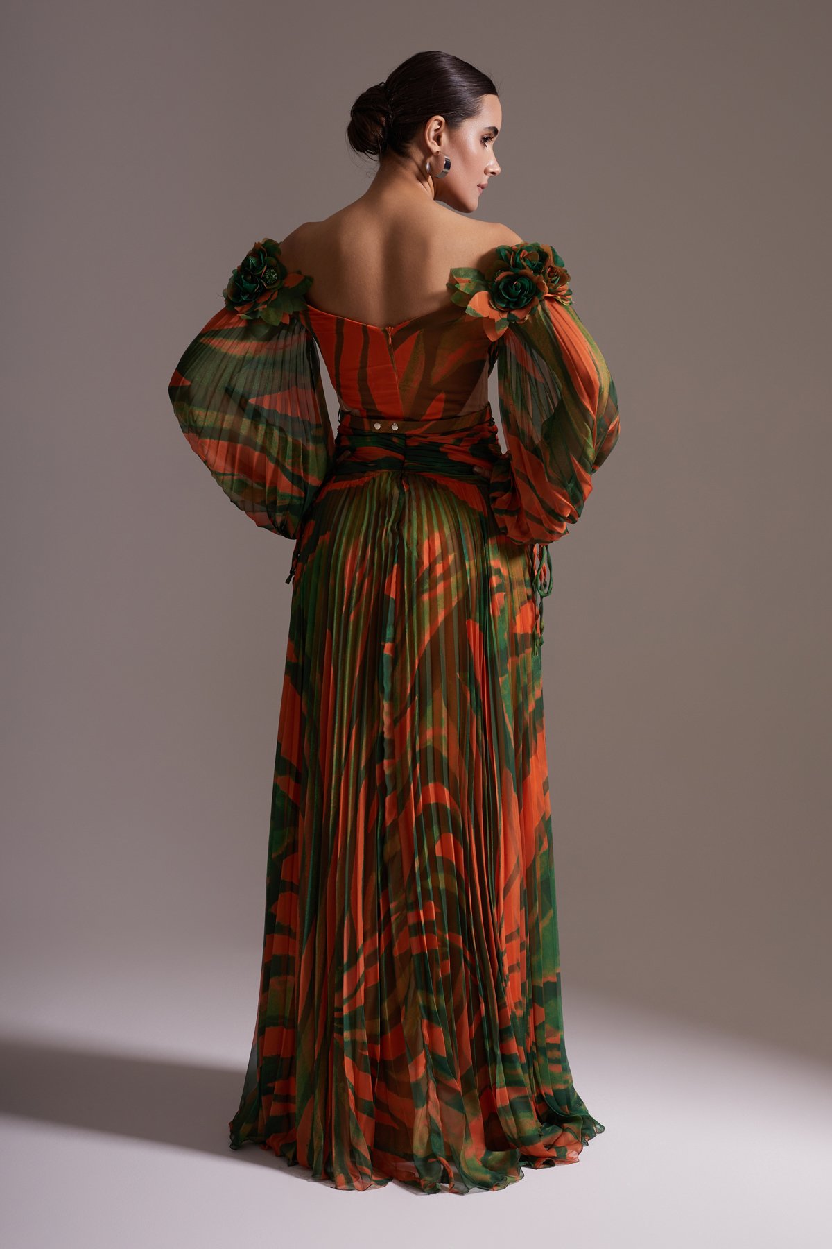 Patterned Chiffon Off-the-Shoulder Long Evening Dress Green - Orange