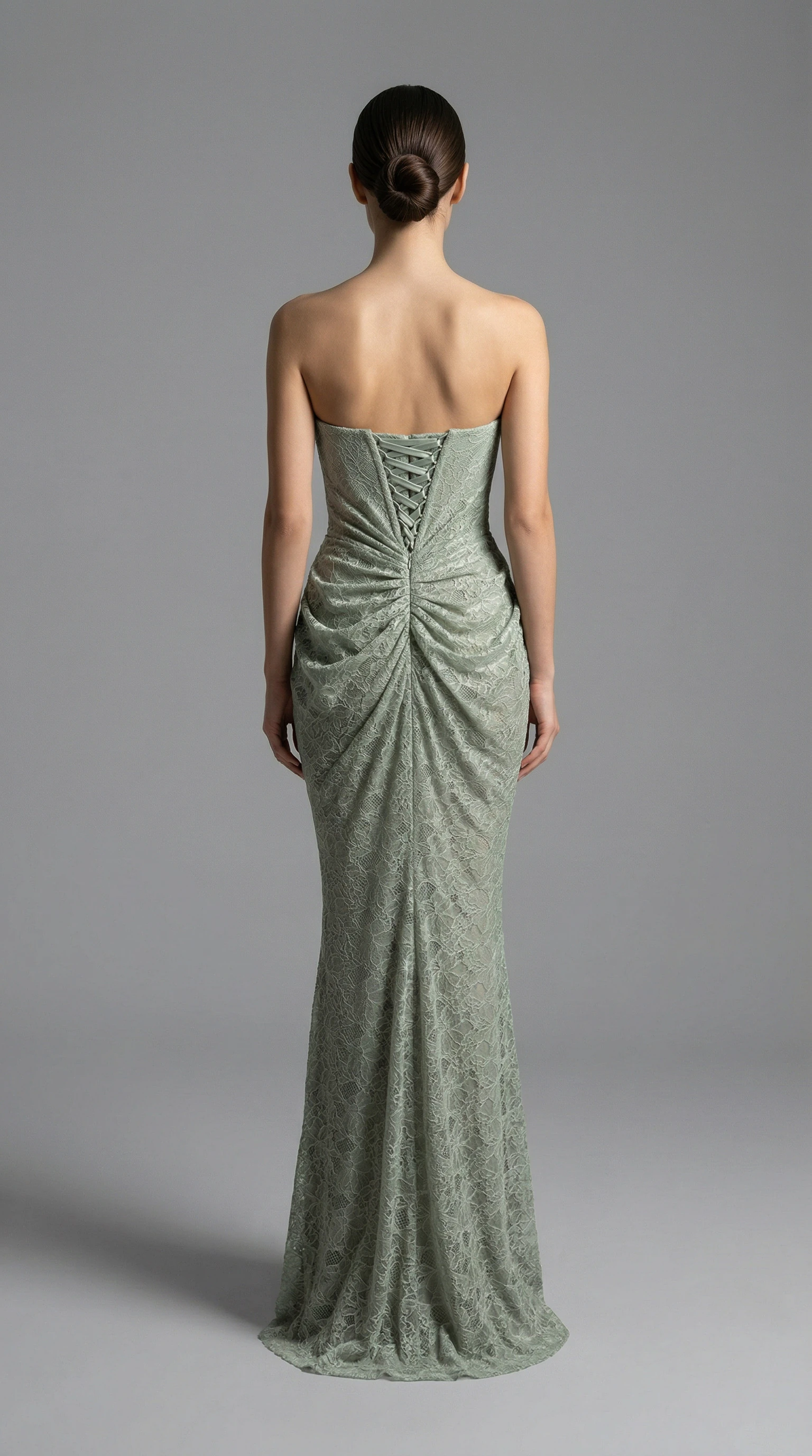 Lace Draped Slit Strapless Long Evening Dress Aqua Green