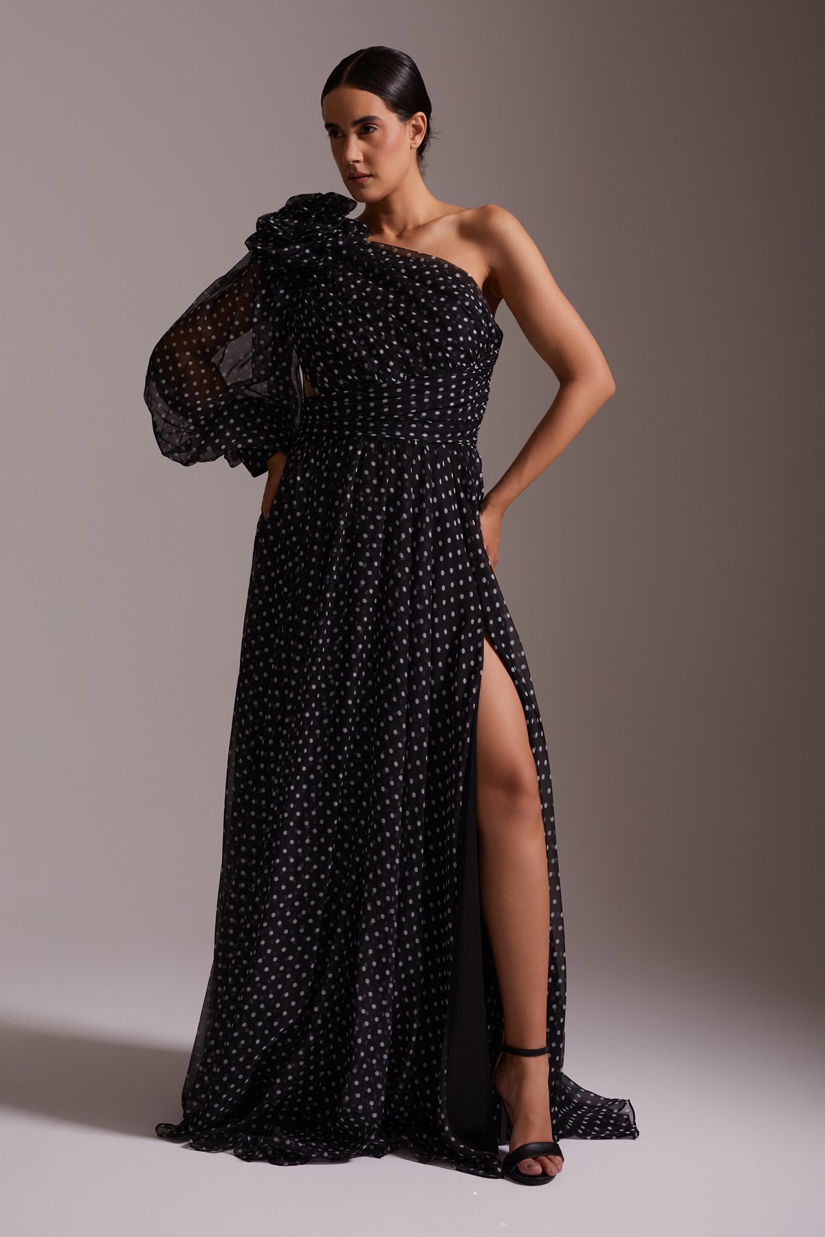 Polka Dot One Shoulder Slit Detailed Chiffon Long Evening Dress Black and White