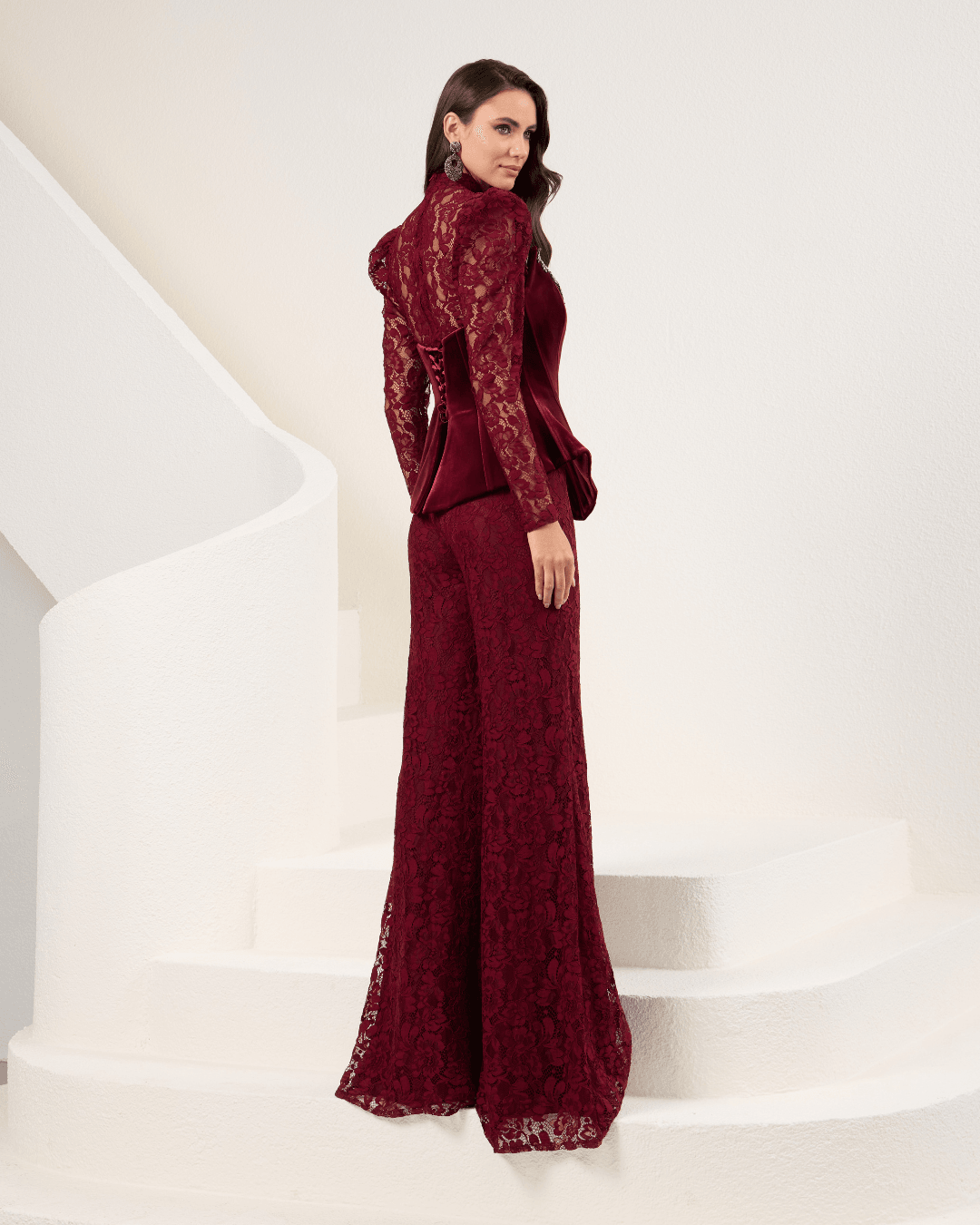Burgundy Velvet Strapless Jumpsuit With Lace Details