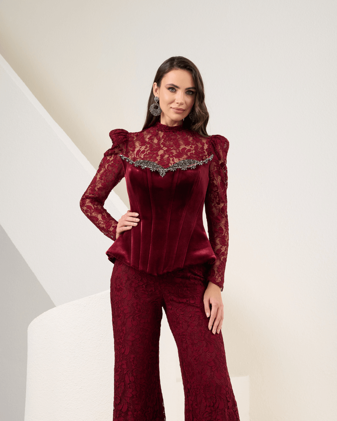 Burgundy Velvet Strapless Jumpsuit With Lace Details