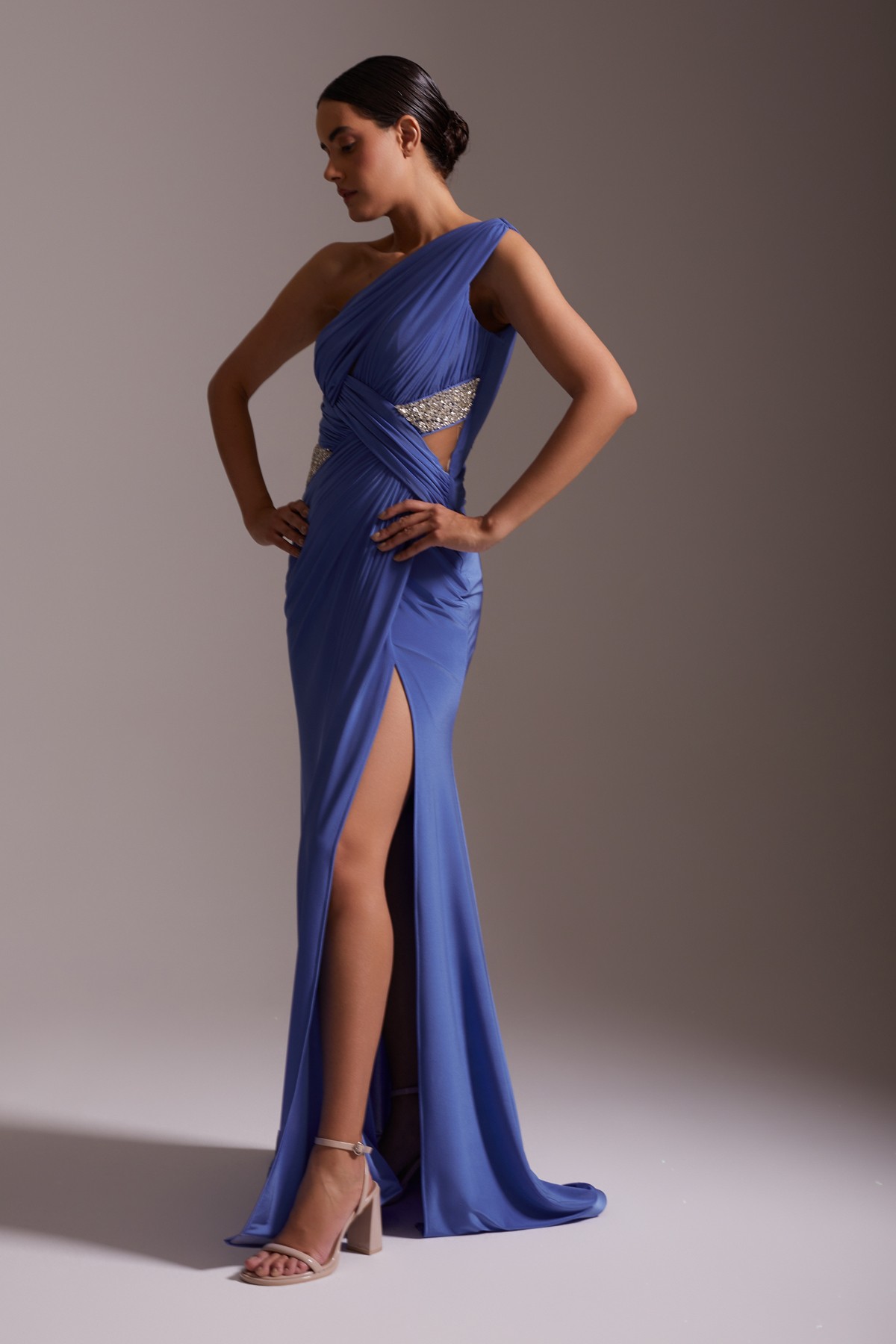 One Shoulder Draped Slit Stone Detailed Chiffon Evening Dress Blue