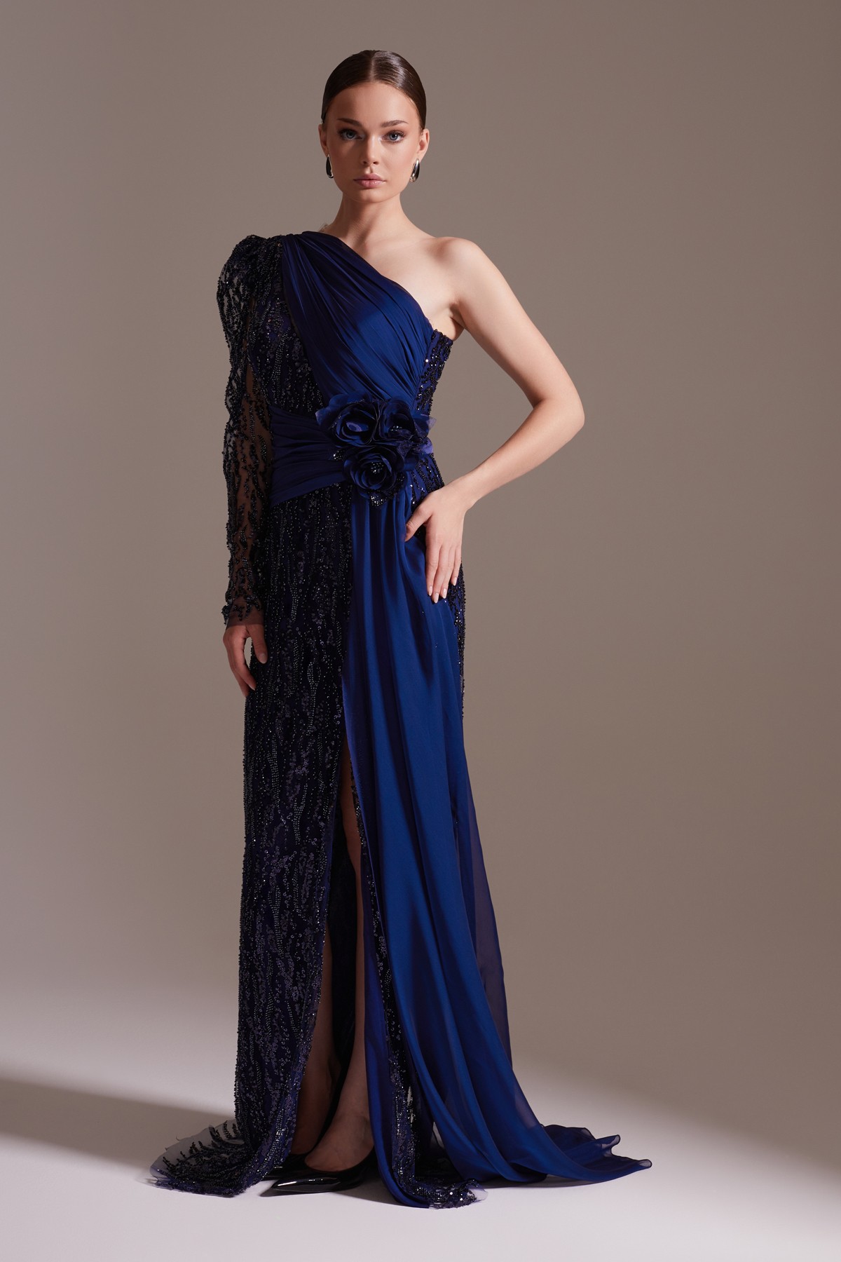 One Shoulder Floral Detailed Slit Chiffon and Sequin Evening Dress Navy Blue