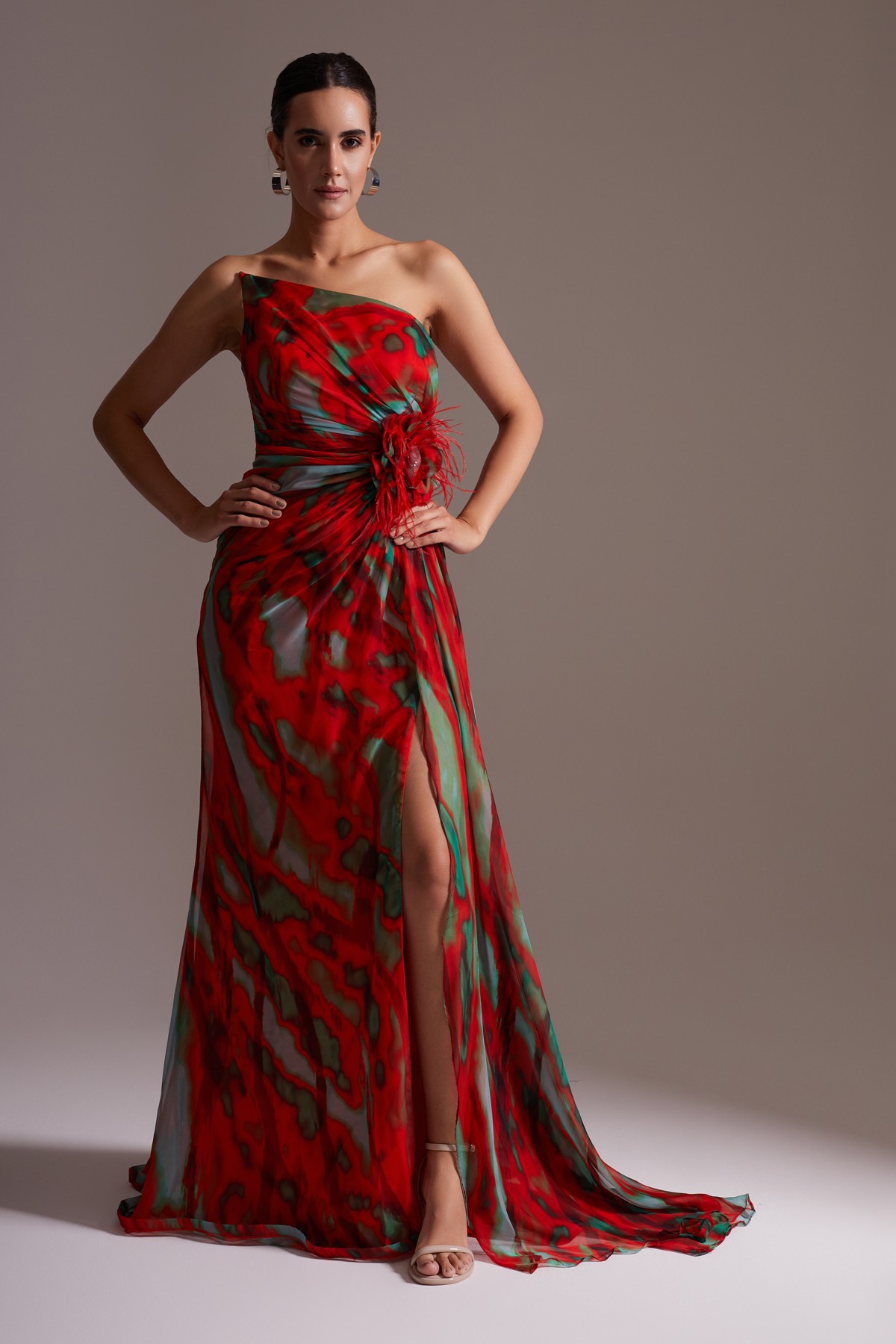 One Shoulder Slit Patterned Chiffon Evening Dress Red