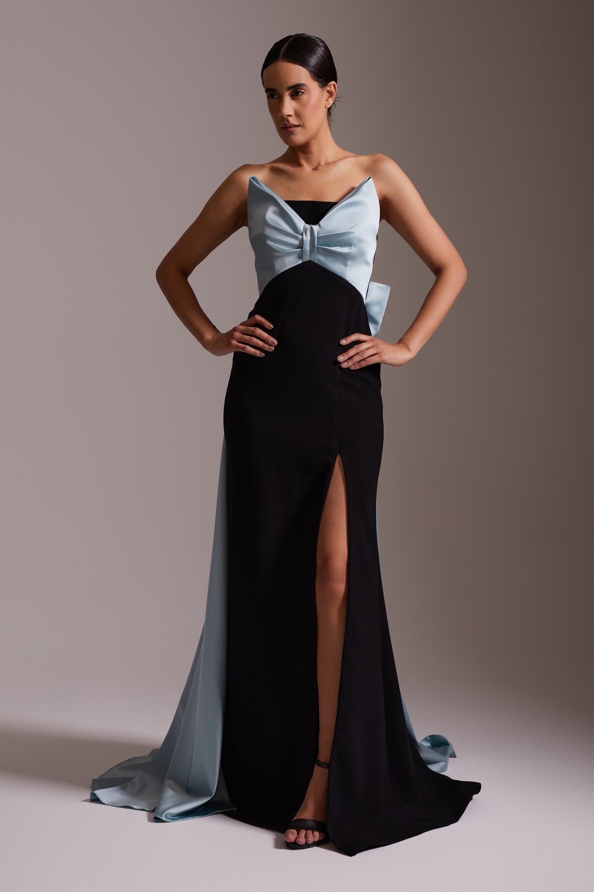 Satin Detailed Black Slit Long Evening Dress Blue