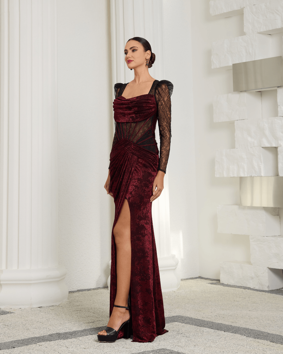 Burgundy Velvet & Lace Long Sleeve Gown