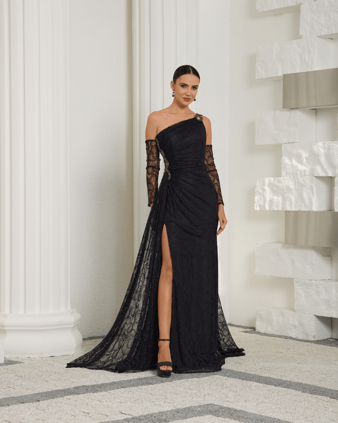 Black One Shoulder Lace Evening Dress