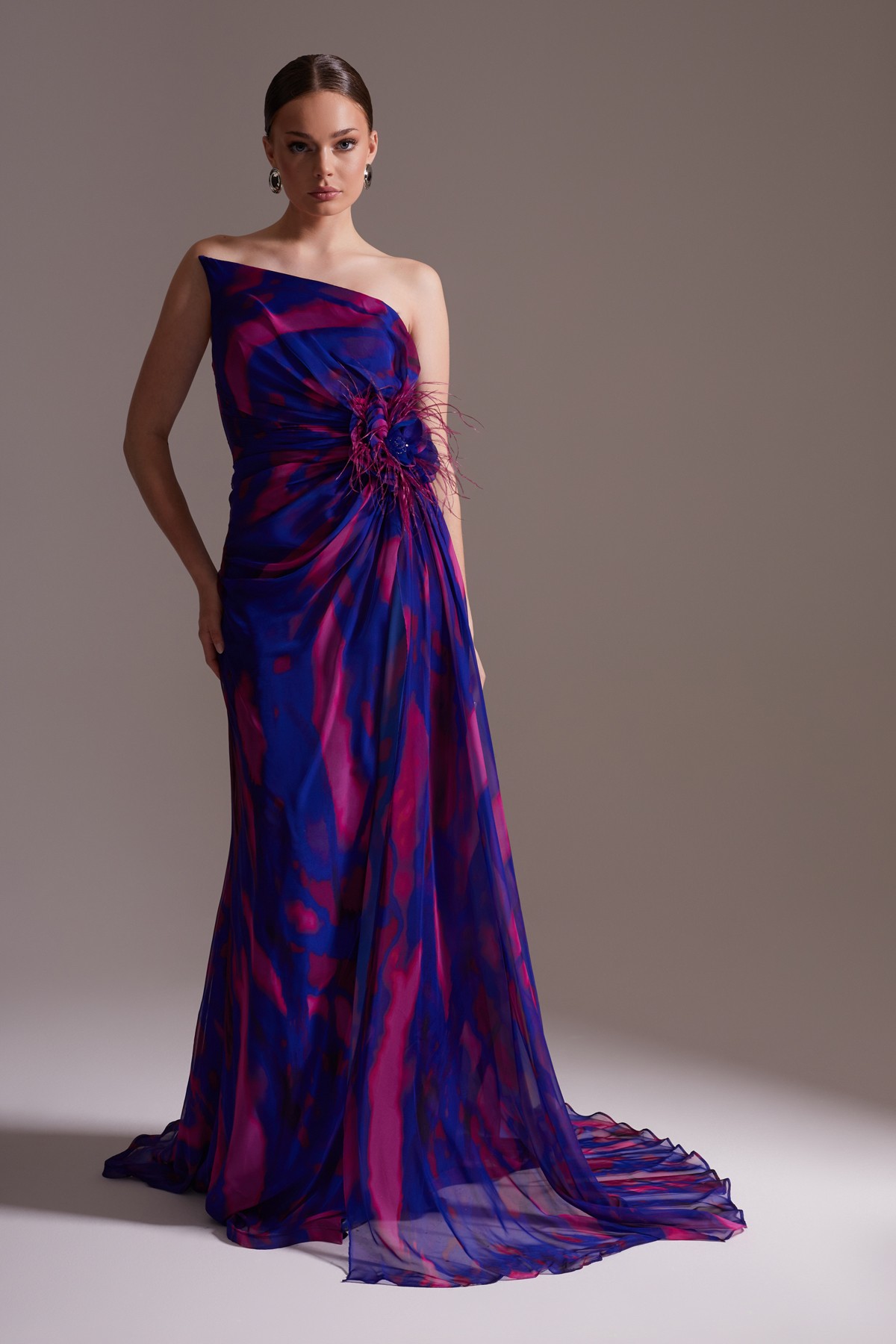 Patterned One-Shoulder Chiffon Evening Dress Purple - Fuchsia