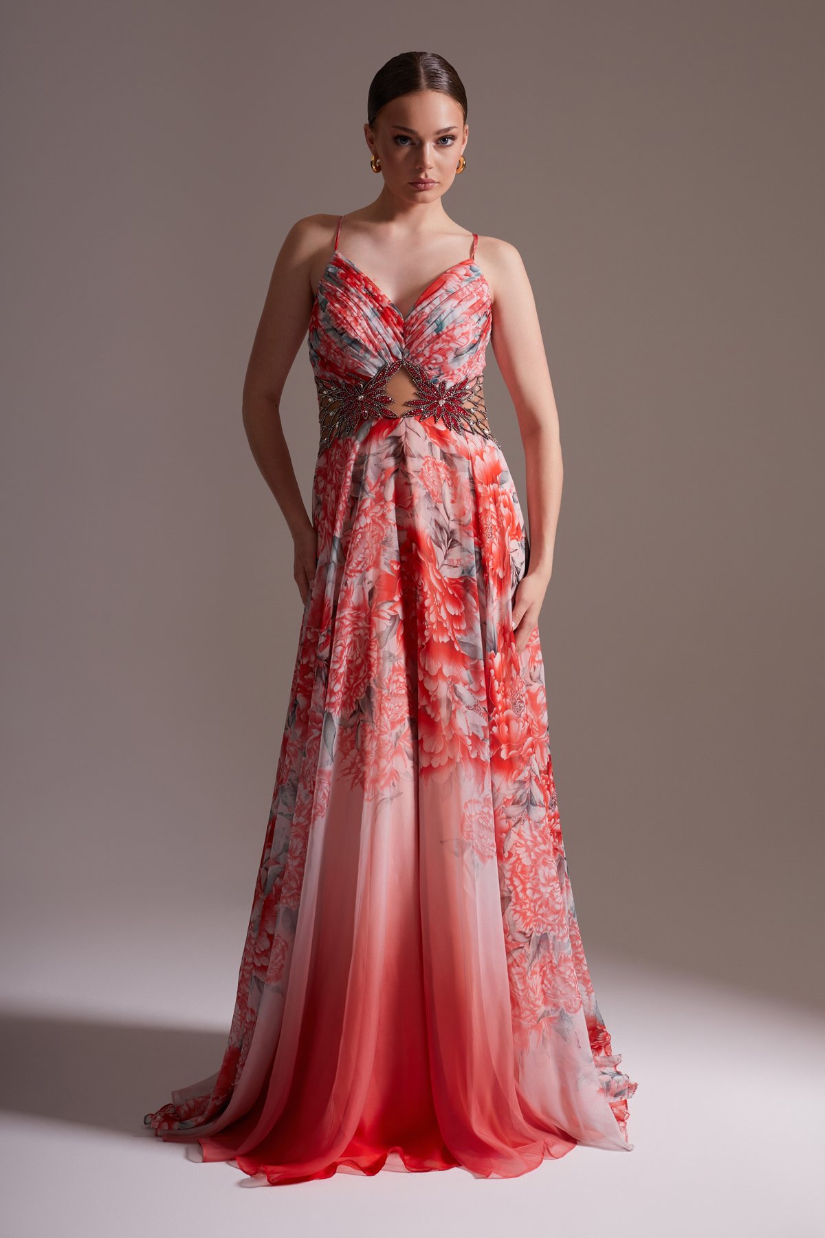 Floral Patterned Chiffon Fabric Stone Embroidered V Neck Slit Evening Dress Red