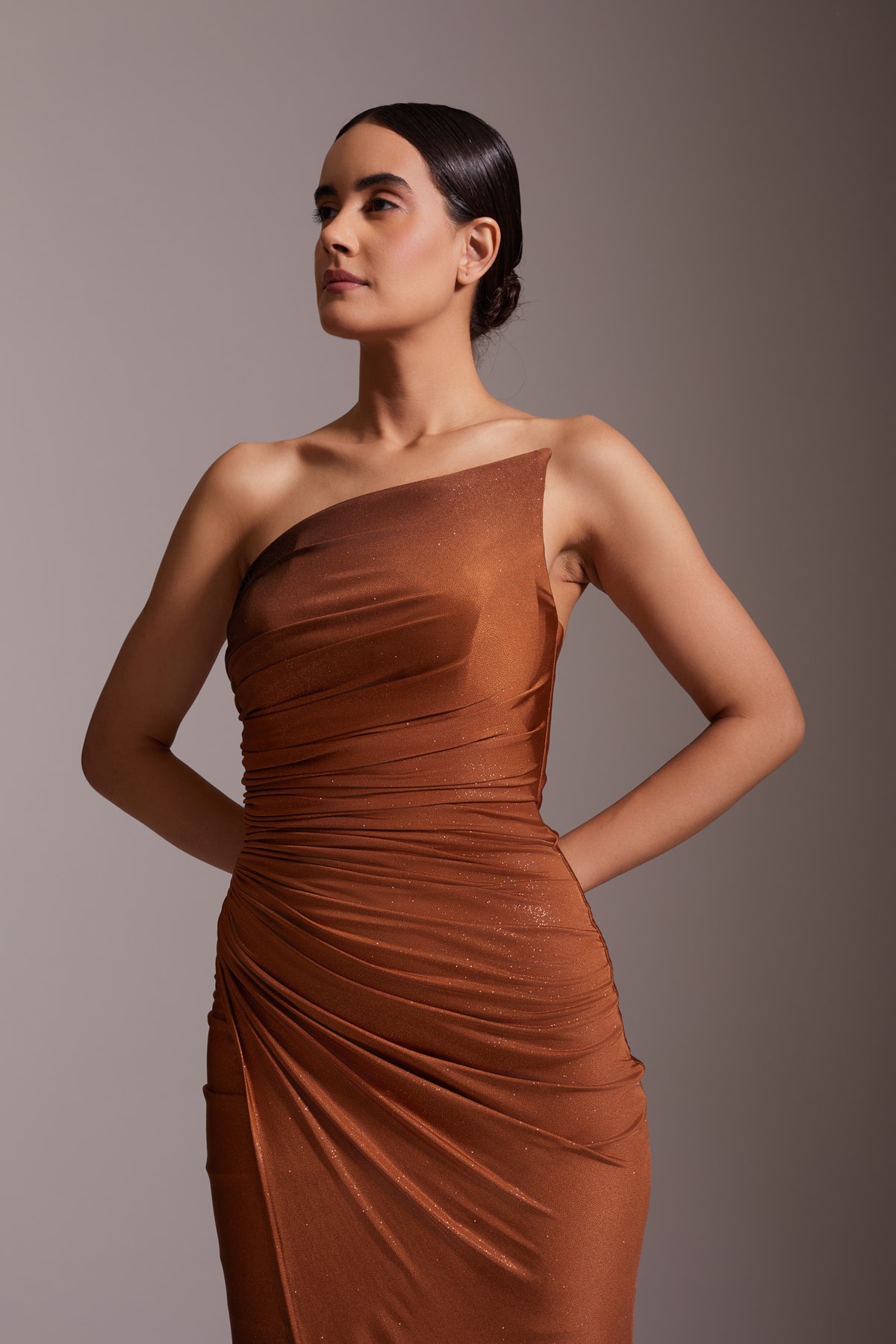 One Shoulder Asymmetrical Slit Gradient Evening Dress Brown-Black