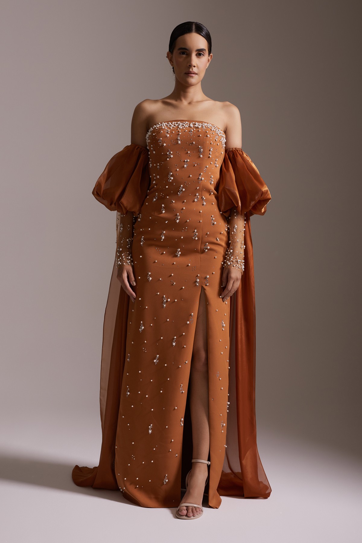Strapless Pearl Embroidered Balloon Sleeve Slit Evening Dress Caramel