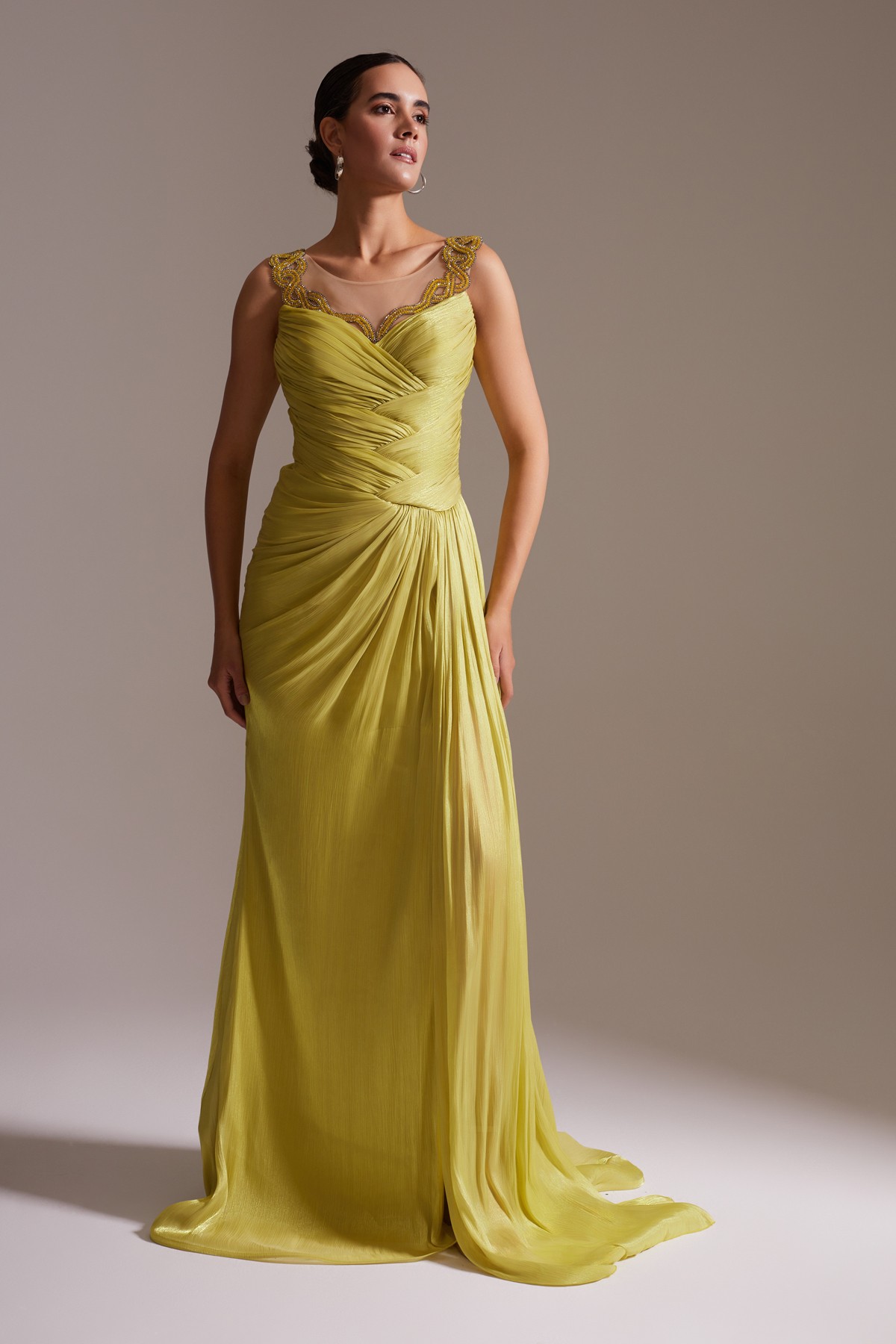 Draped Stone Embroidered Sheer Neck Chiffon Long Evening Dress Yellow
