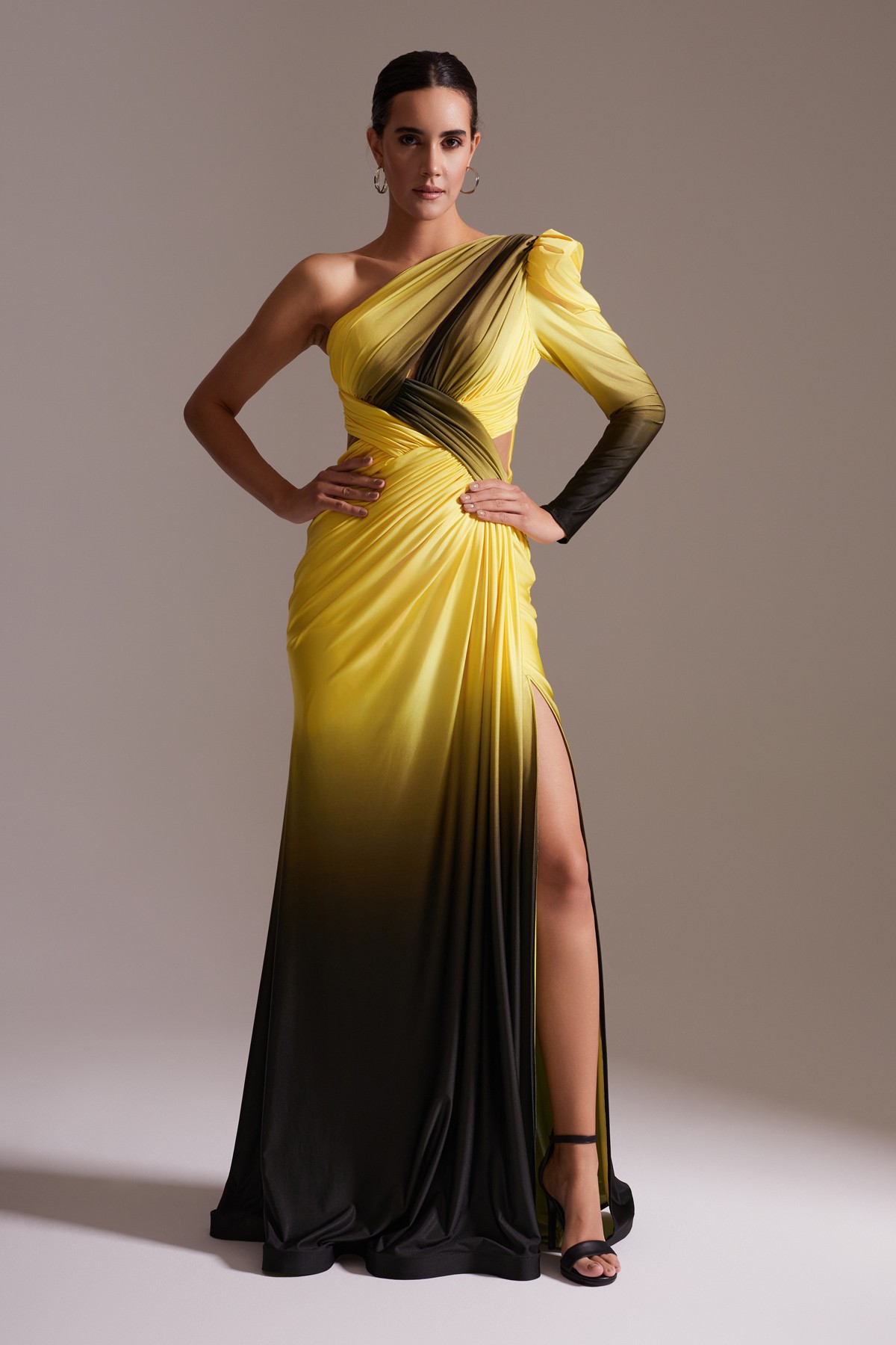 One Shoulder Asymmetric Gradient Draped Slit Evening Dress Yellow-Black