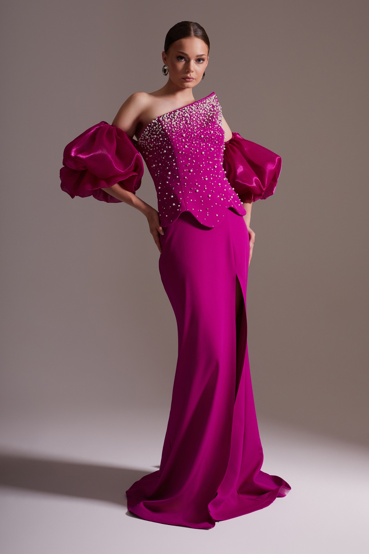 One Shoulder Pearl Balloon Sleeve Slit Long Evening Dress Fuchsia