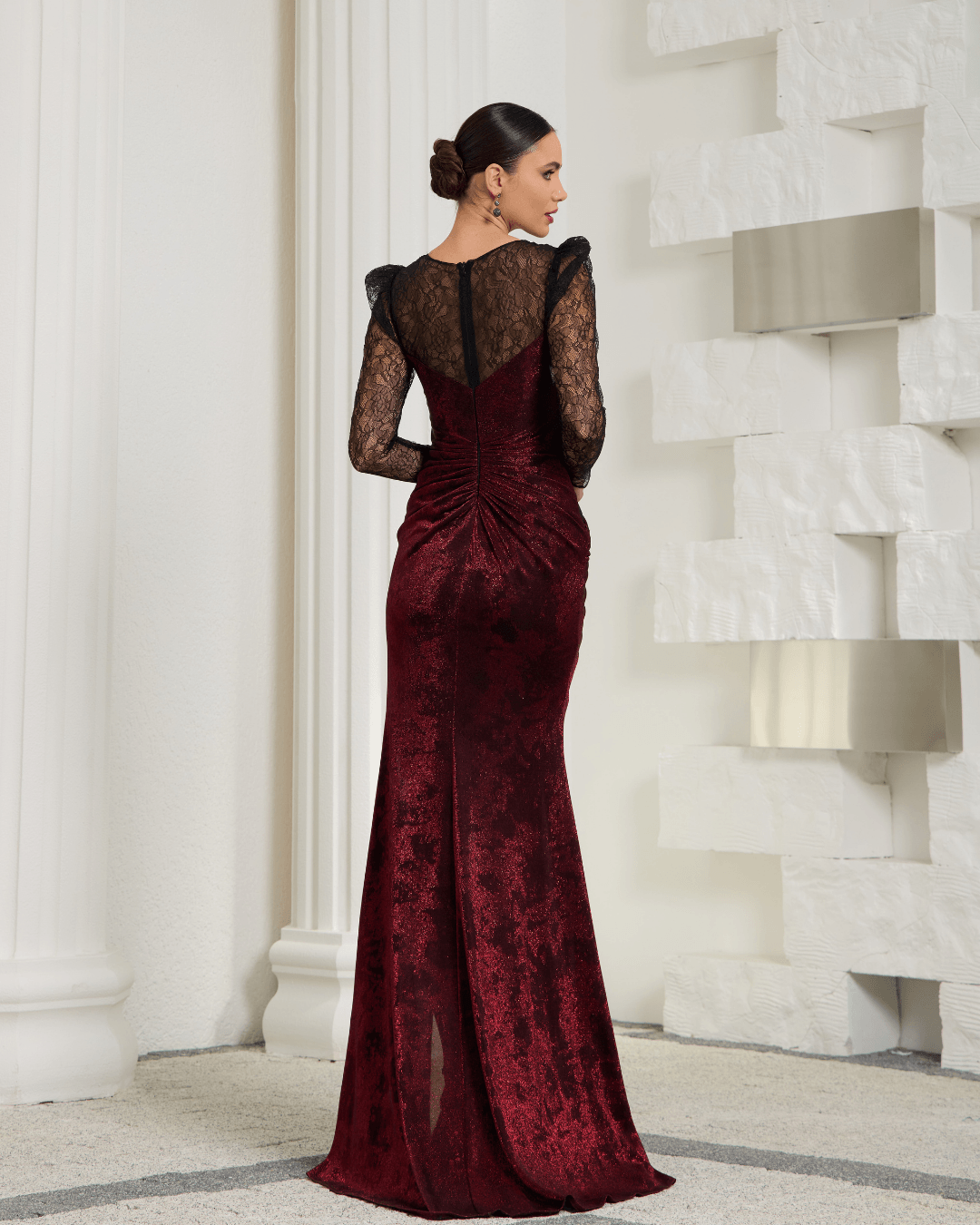 Burgundy Velvet & Lace Long Sleeve Gown