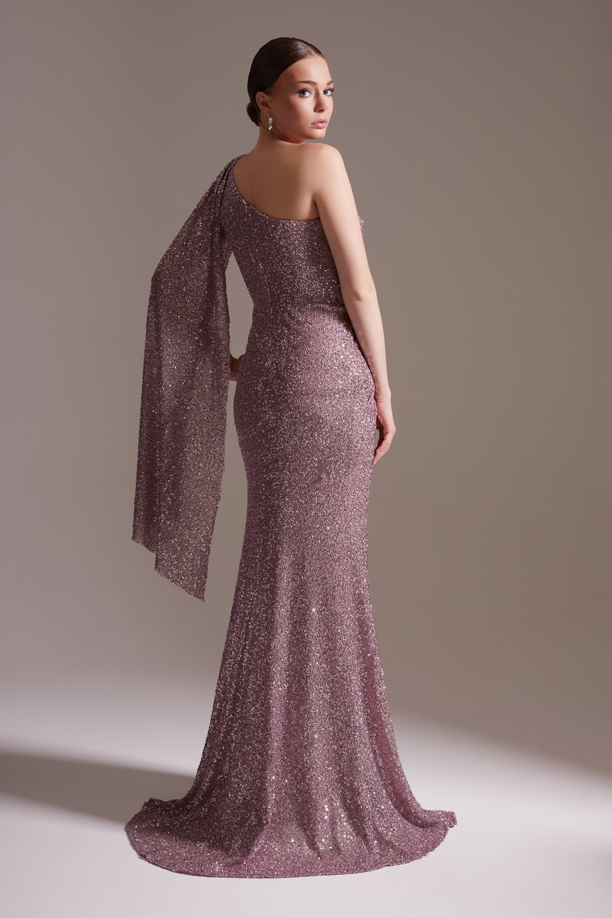 One Shoulder Slit Sequined Evening Dress Powder Pink
