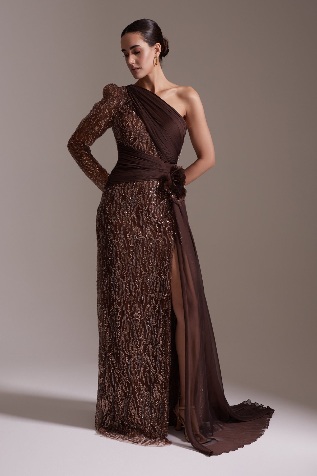One Shoulder Long Sleeve Slit Sequined Chiffon Evening Dress Brown
