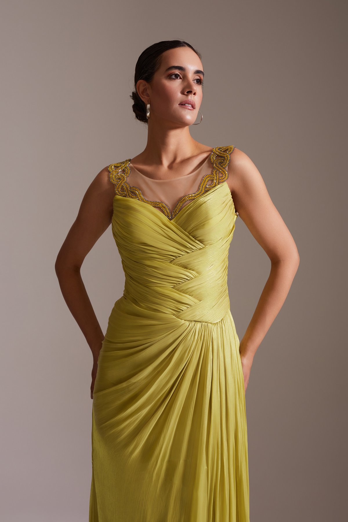 Draped Stone Embroidered Sheer Neck Chiffon Long Evening Dress Yellow