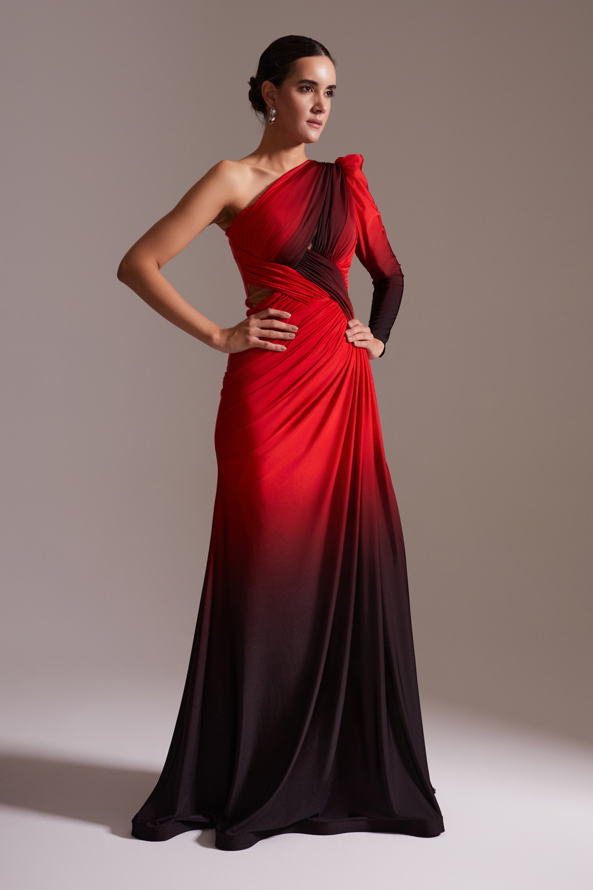 One Shoulder Long Slit Draped Evening Dress Red Black Transitional