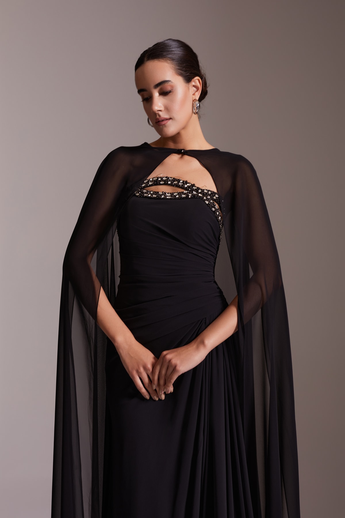 Stone Detailed Chiffon Cape Slit Long Evening Dress Black