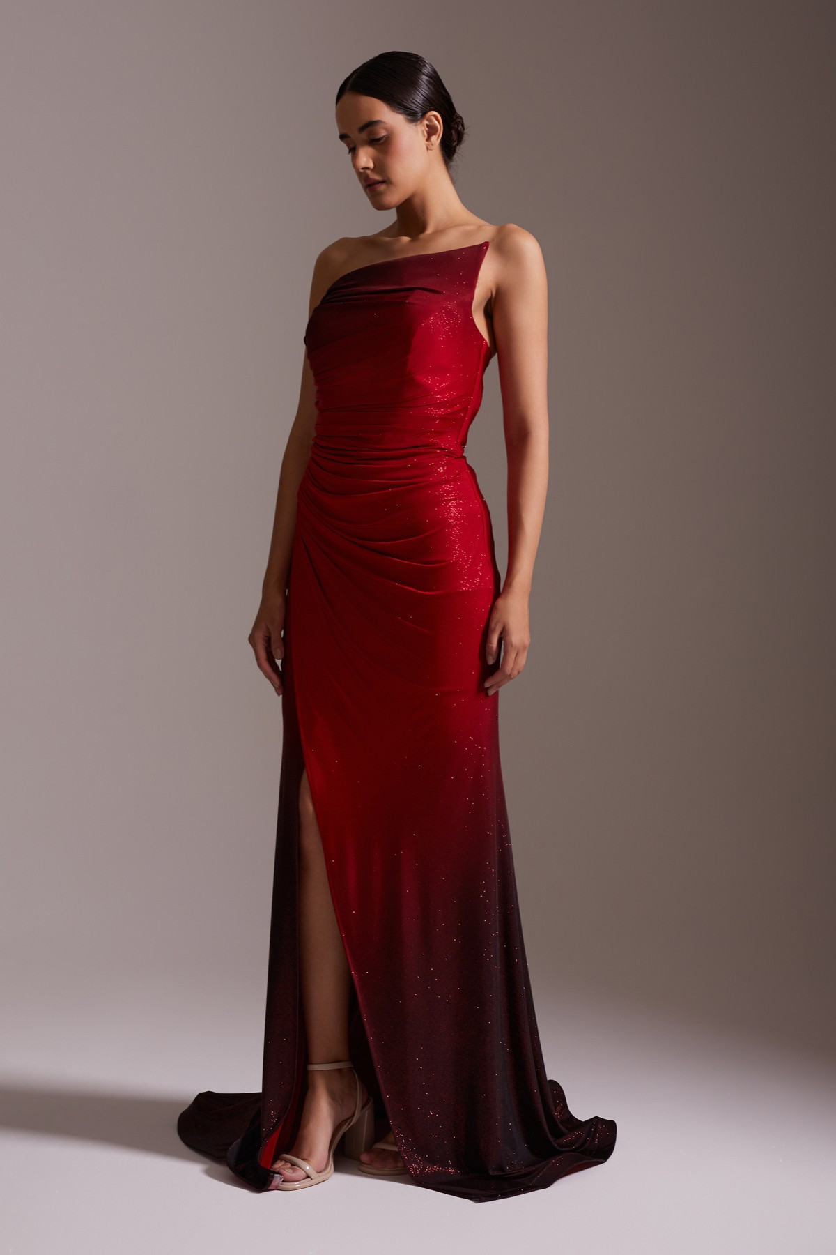One Shoulder Slit Sparkly Evening Dress Red