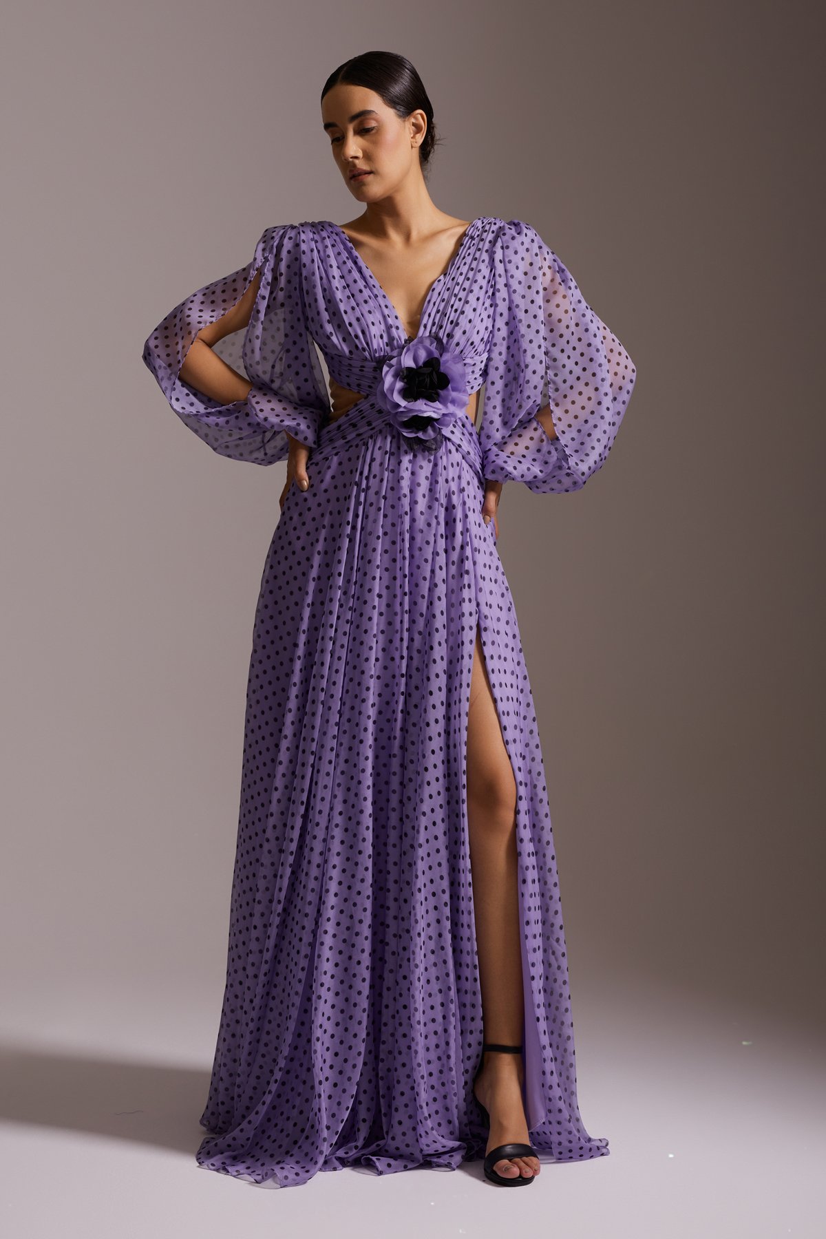 Polka Dot Deep Slit Long Sleeve Floral Detailed V Neck Chiffon Long Evening Dress Purple