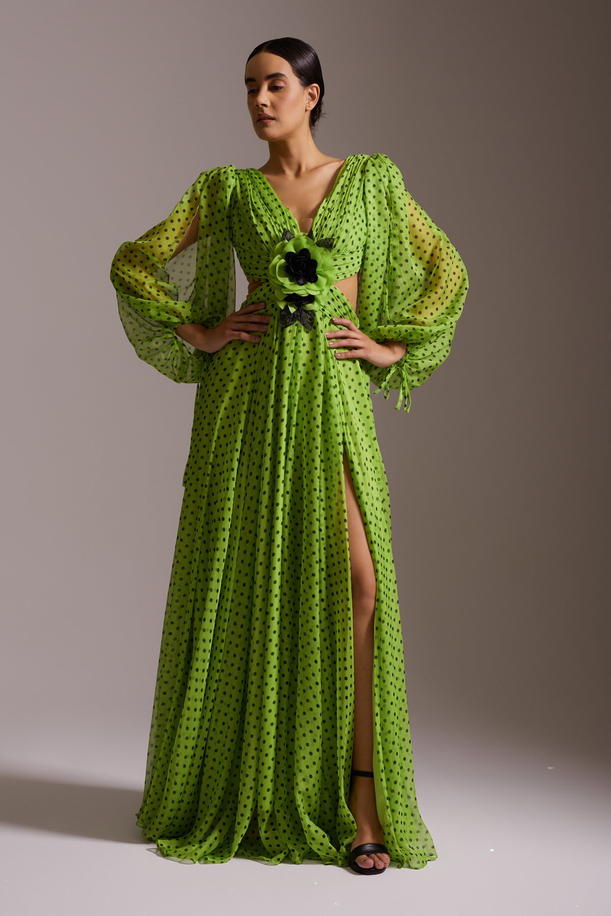 Polka Dot Chiffon Deep Slit V Neck Flower Detailed Long Evening Dress Green