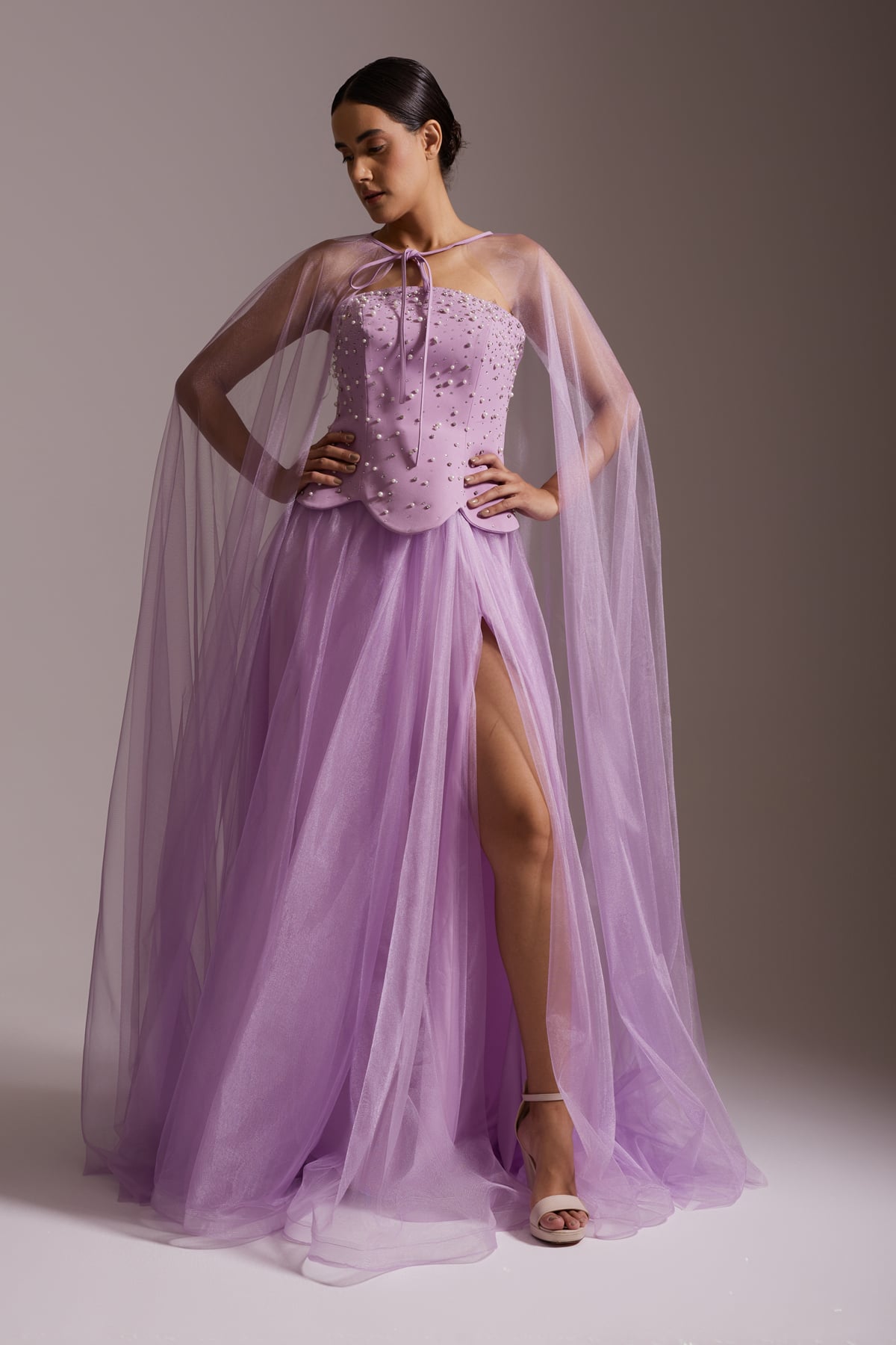 Stone Embroidered Tulle Cape and Slit Evening Dress Lilac
