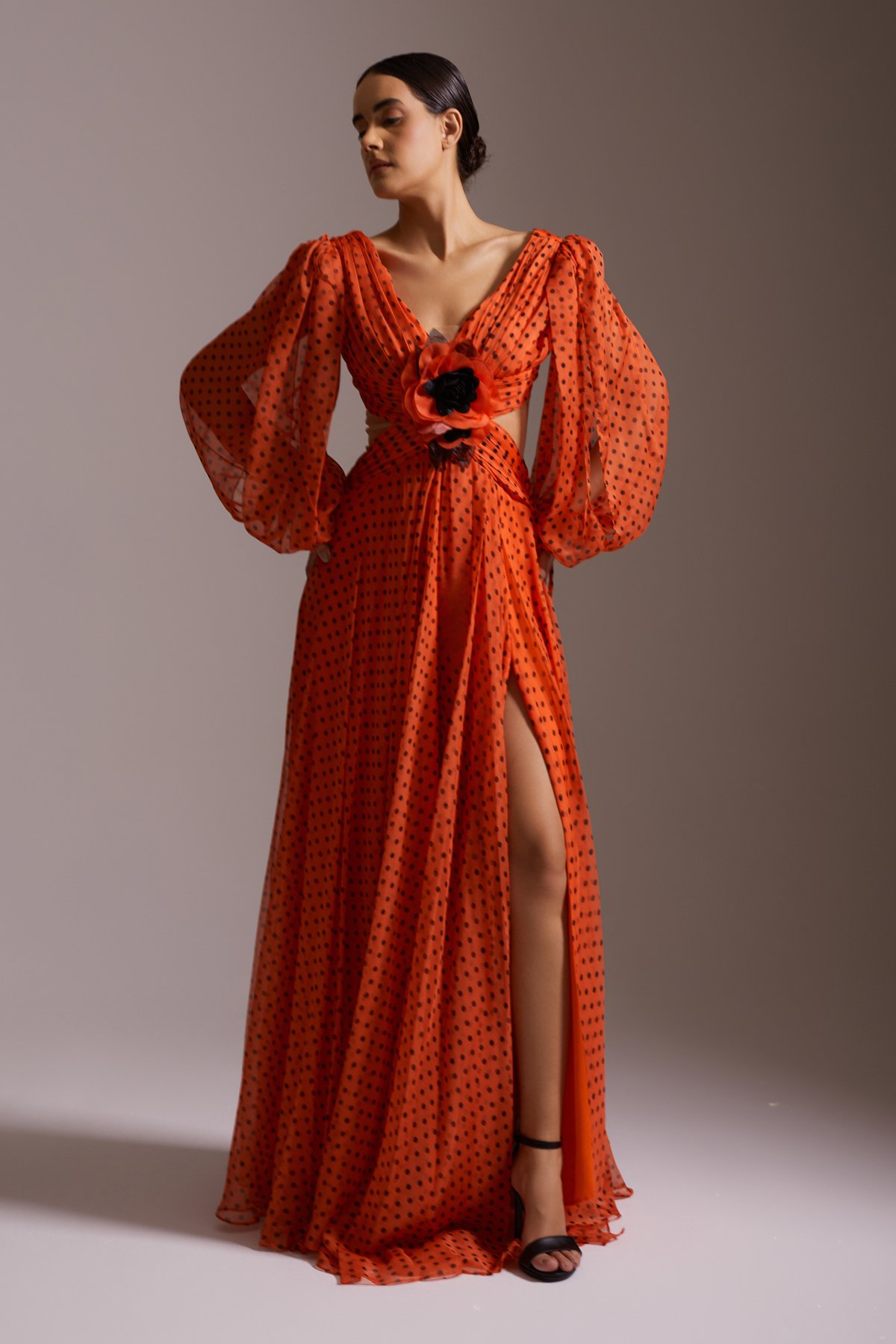 Red Black Polka Dot Slit Chiffon Long Evening Dress
