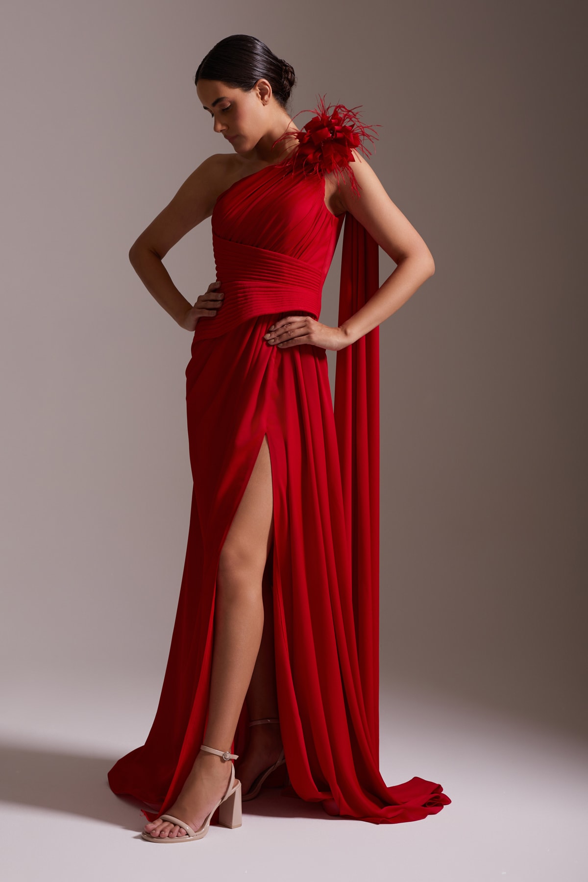 One Shoulder Floral Detailed Slit Chiffon Evening Dress Red