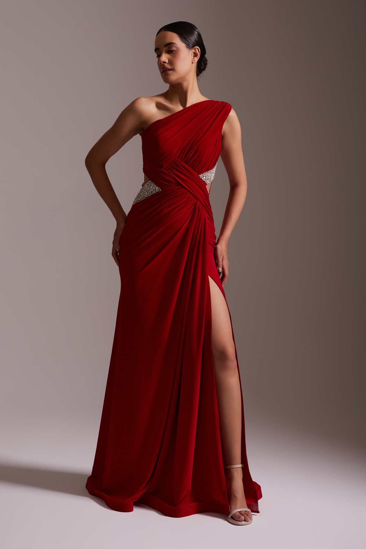 One Shoulder Slit Draped Stone Detailed Evening Dress Red