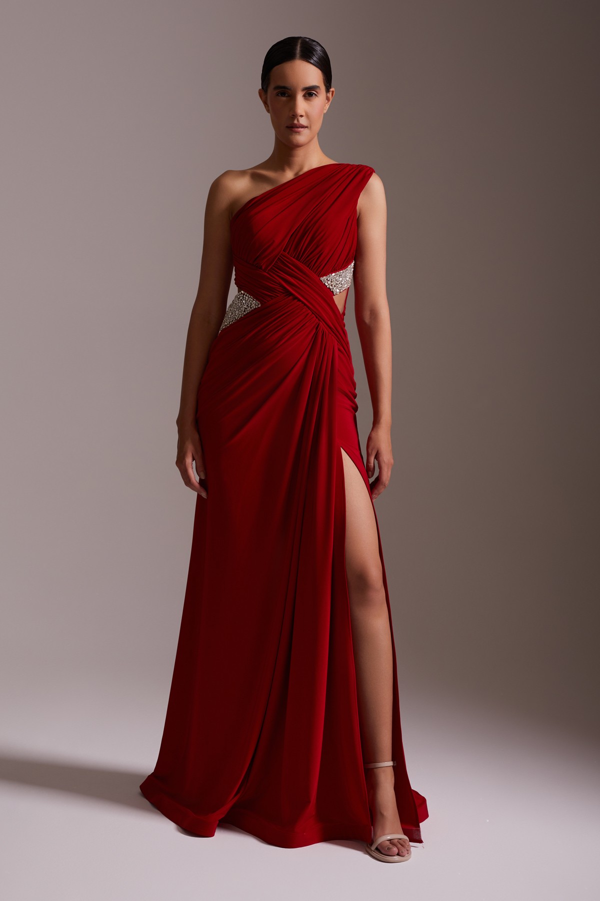 One Shoulder Slit Draped Stone Detailed Evening Dress Red