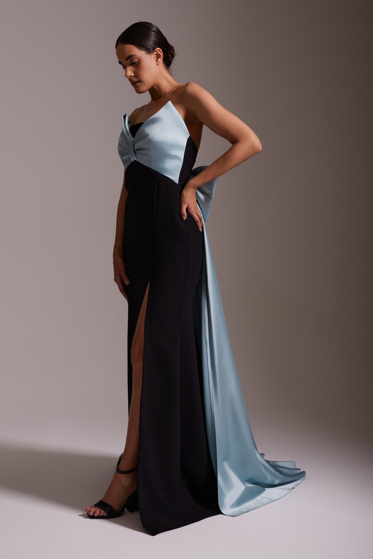 Satin Detailed Black Slit Long Evening Dress Blue